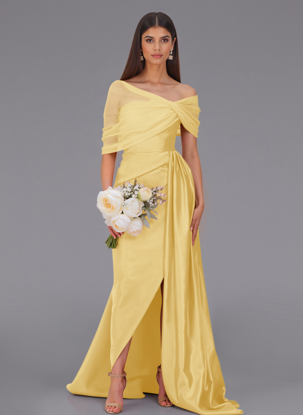 Elegant Tulle Asymmetrical Neckline Satin Bridesmaid Dresses With Split Front/Sweeping Side Drape, product image 41