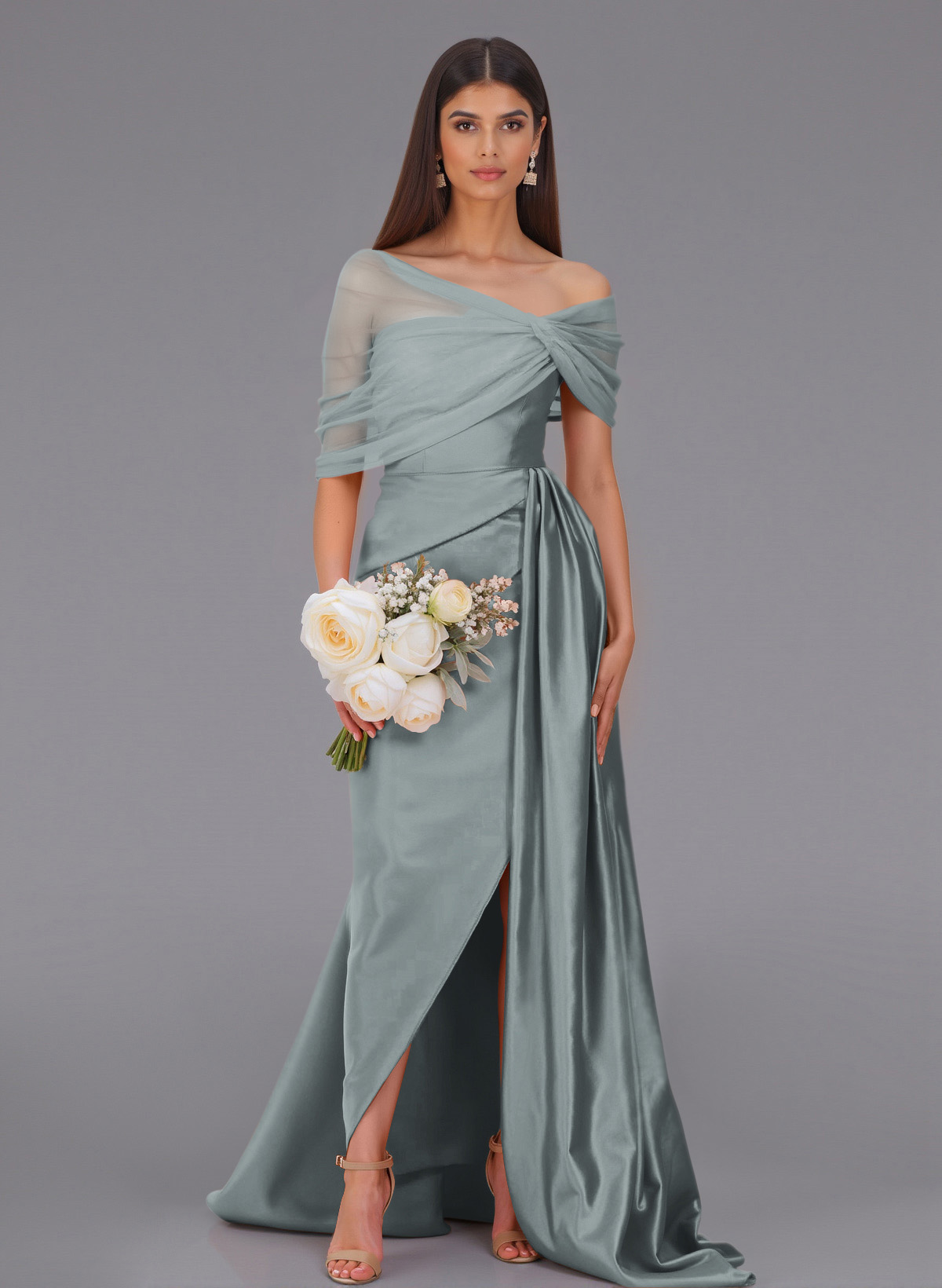 Elegant Tulle Asymmetrical Neckline Satin Bridesmaid Dresses With Split Front/Sweeping Side Drape, product image 131