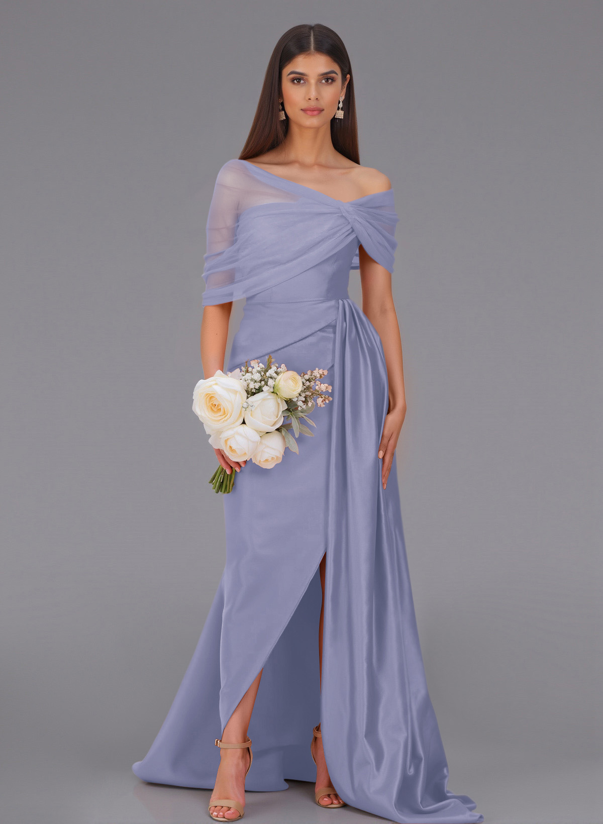Elegant Tulle Asymmetrical Neckline Satin Bridesmaid Dresses With Split Front/Sweeping Side Drape, product image 73