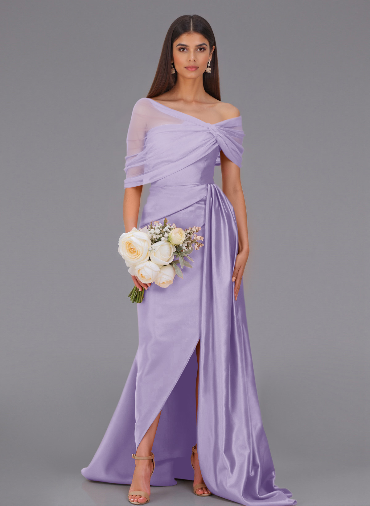 Elegant Tulle Asymmetrical Neckline Satin Bridesmaid Dresses With Split Front/Sweeping Side Drape, product image 75