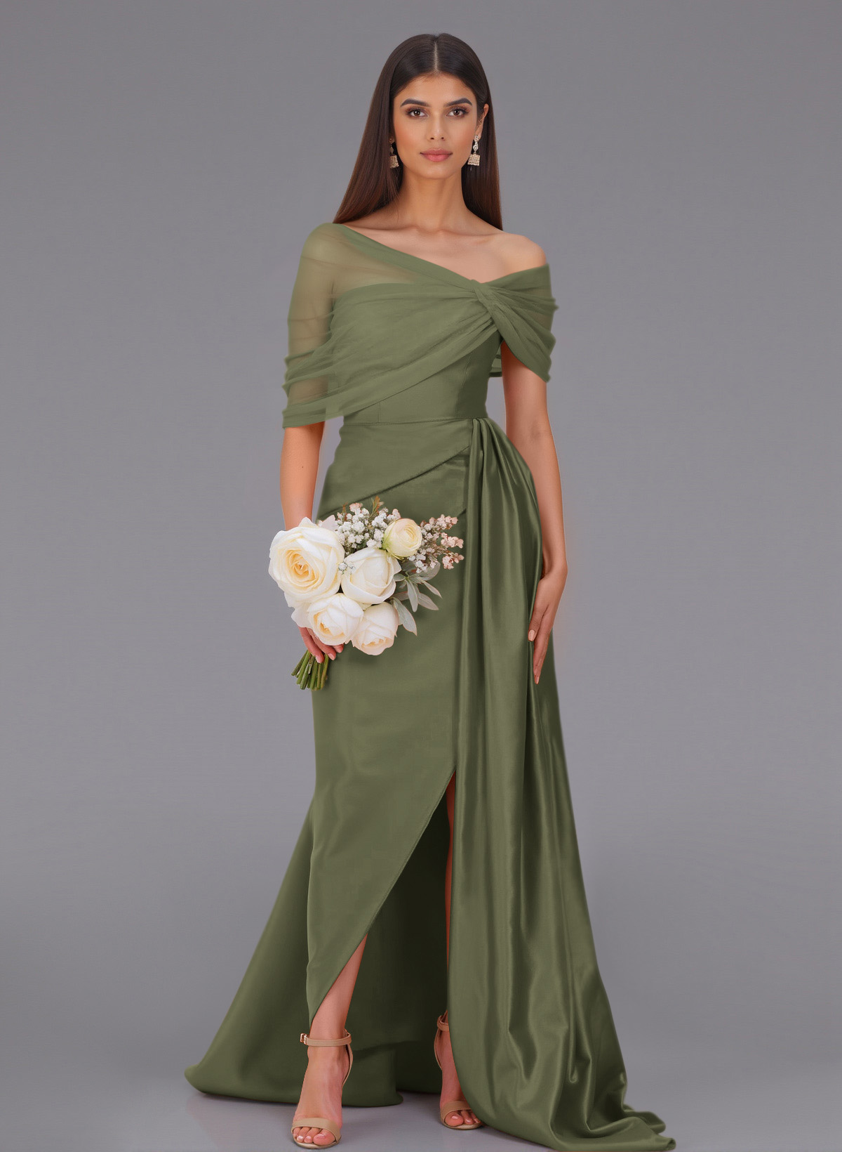 Elegant Tulle Asymmetrical Neckline Satin Bridesmaid Dresses With Split Front/Sweeping Side Drape, product image 17