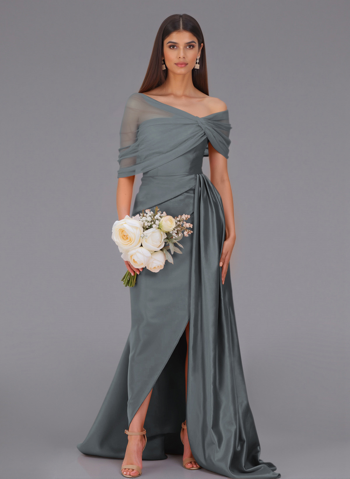 Elegant Tulle Asymmetrical Neckline Satin Bridesmaid Dresses With Split Front/Sweeping Side Drape, product image 25