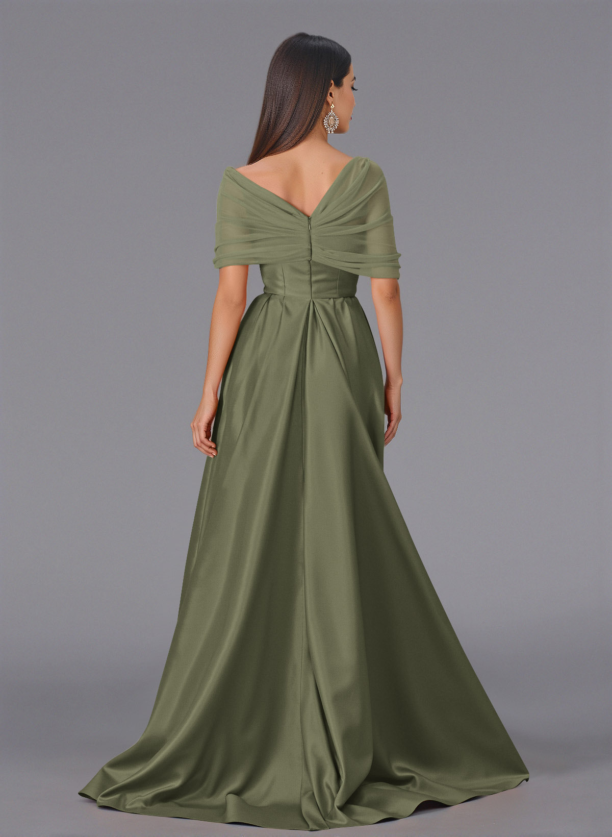 Elegant Tulle Asymmetrical Neckline Satin Bridesmaid Dresses With Split Front/Sweeping Side Drape, product image 18
