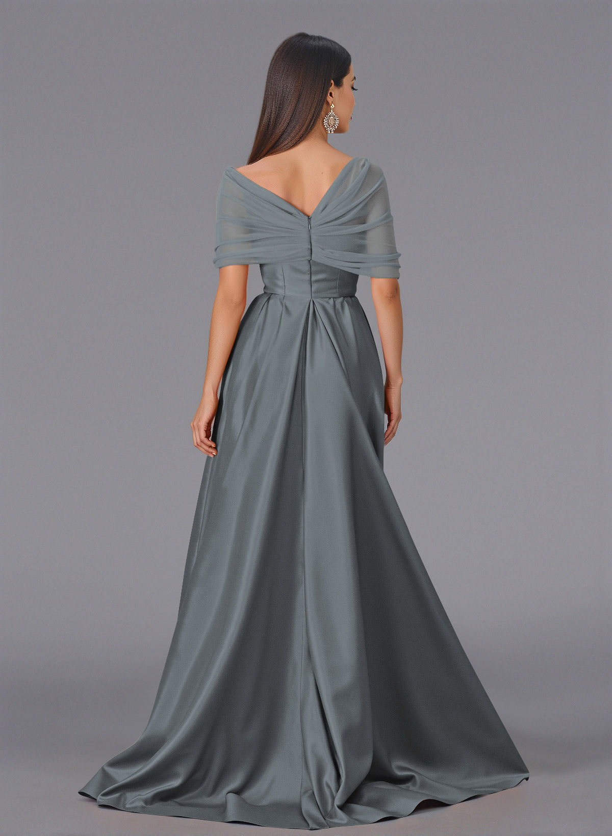 Elegant Tulle Asymmetrical Neckline Satin Bridesmaid Dresses With Split Front/Sweeping Side Drape, product image 26