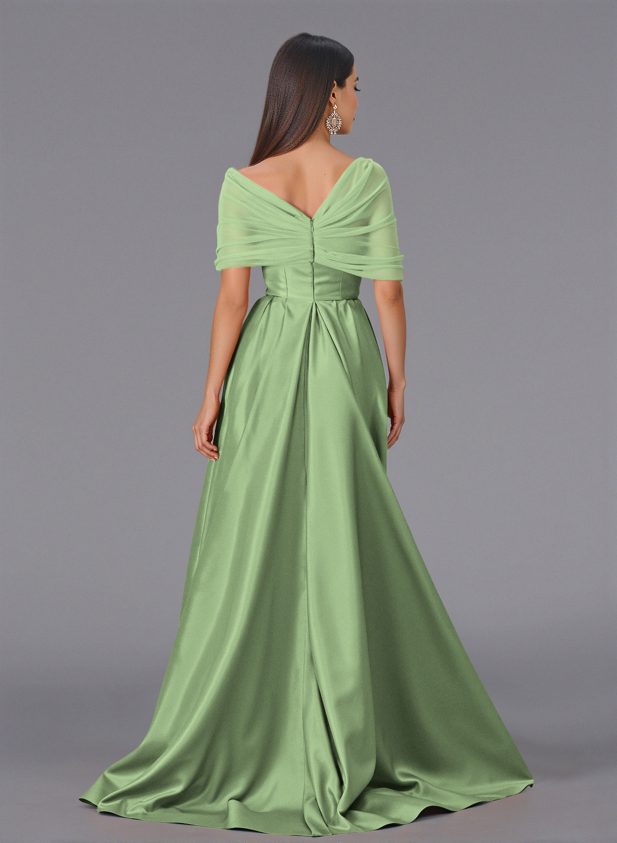 Elegant Tulle Asymmetrical Neckline Satin Bridesmaid Dresses With Split Front/Sweeping Side Drape, product image 54