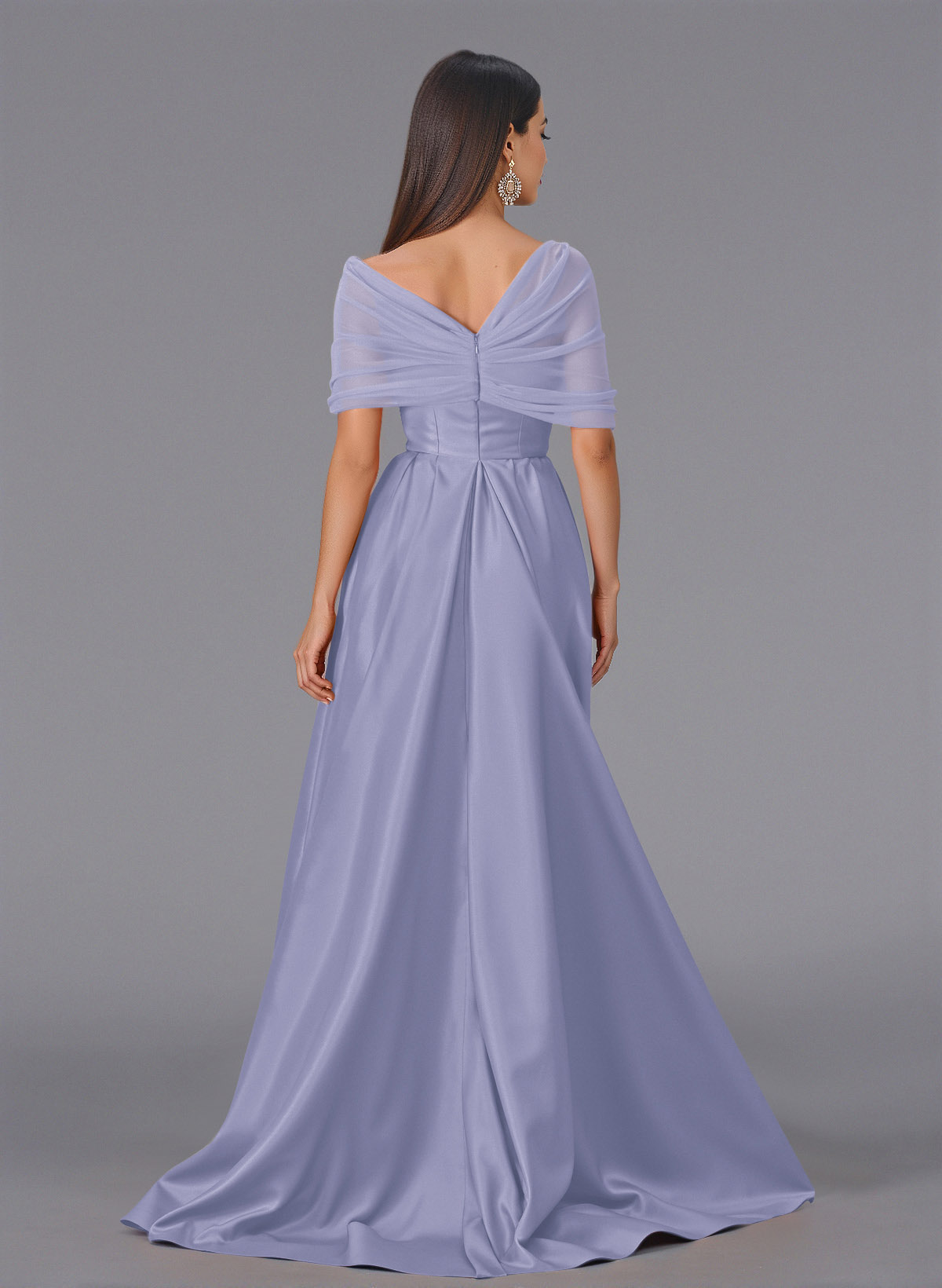 Elegant Tulle Asymmetrical Neckline Satin Bridesmaid Dresses With Split Front/Sweeping Side Drape, product image 74