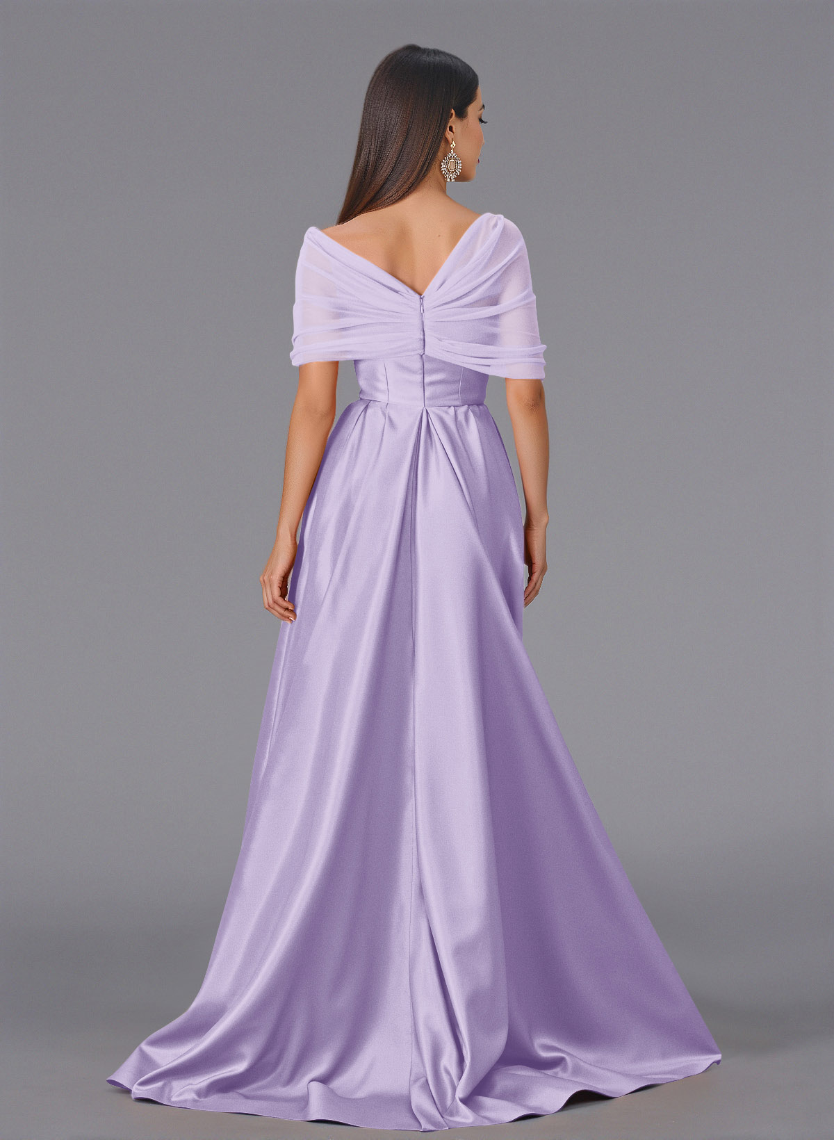Elegant Tulle Asymmetrical Neckline Satin Bridesmaid Dresses With Split Front/Sweeping Side Drape, product image 76