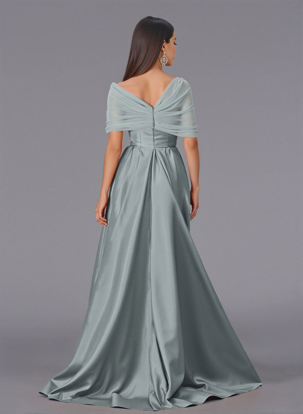 Elegant Tulle Asymmetrical Neckline Satin Bridesmaid Dresses With Split Front/Sweeping Side Drape, product image 132