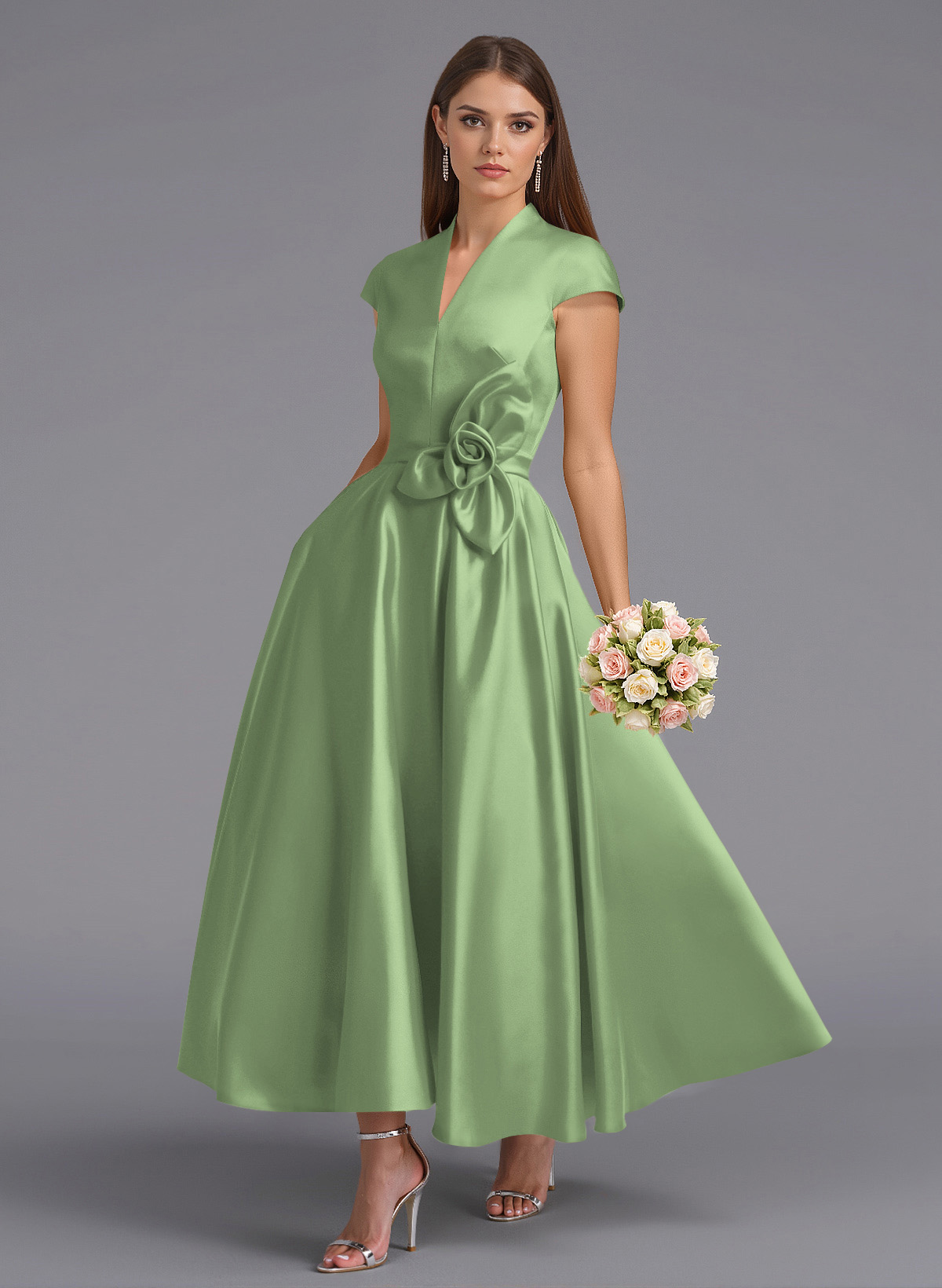 Classic V-Neck Short Sleeves Flower(s) A-Line Ankle-Length Satin Bridesmaid Dresses With Pockets, product image 58