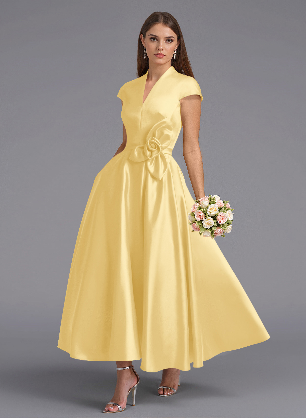 Classic V-Neck Short Sleeves Flower(s) A-Line Ankle-Length Satin Bridesmaid Dresses With Pockets, product image 46