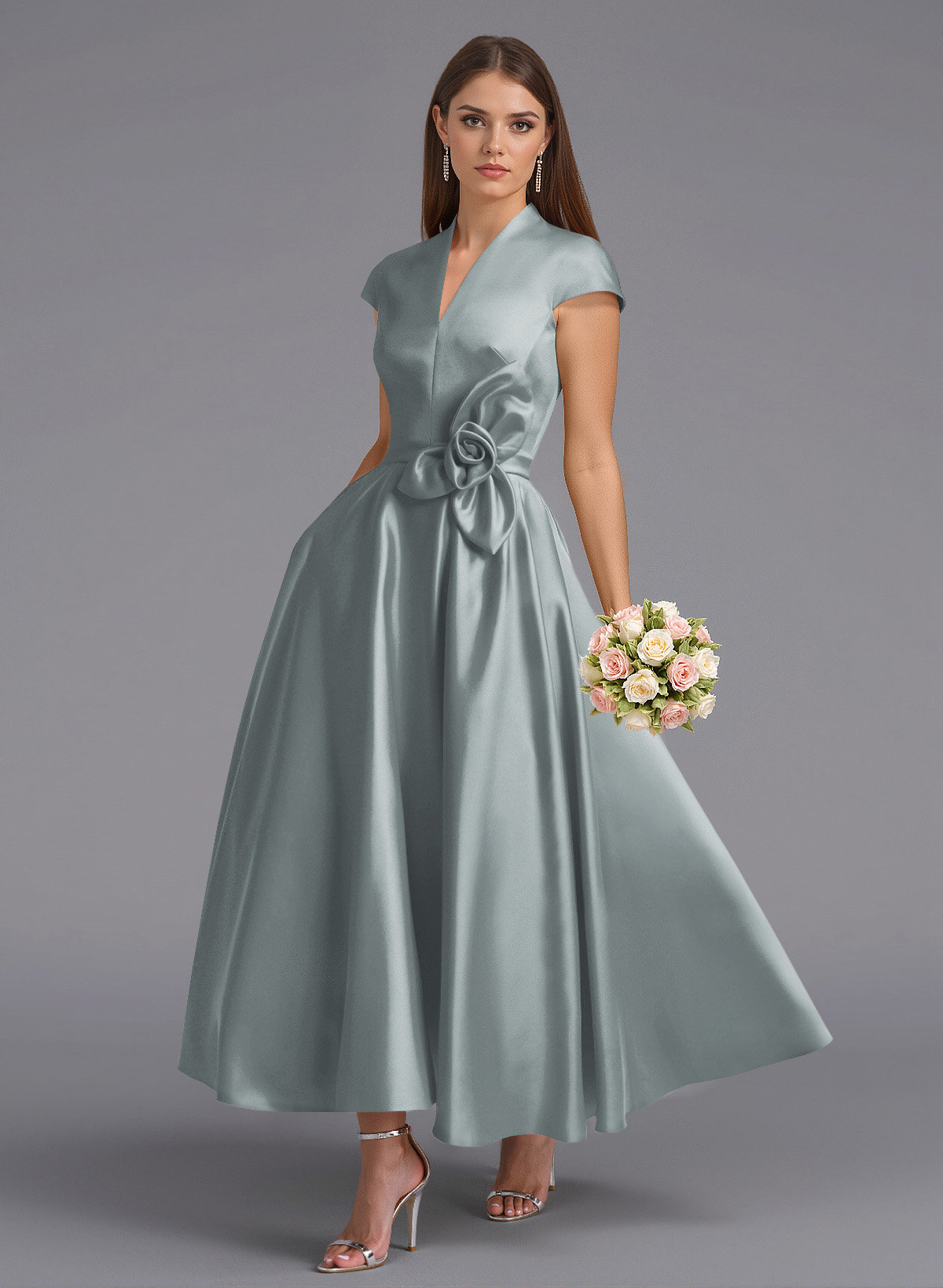Classic V-Neck Short Sleeves Flower(s) A-Line Ankle-Length Satin Bridesmaid Dresses With Pockets, product image 136