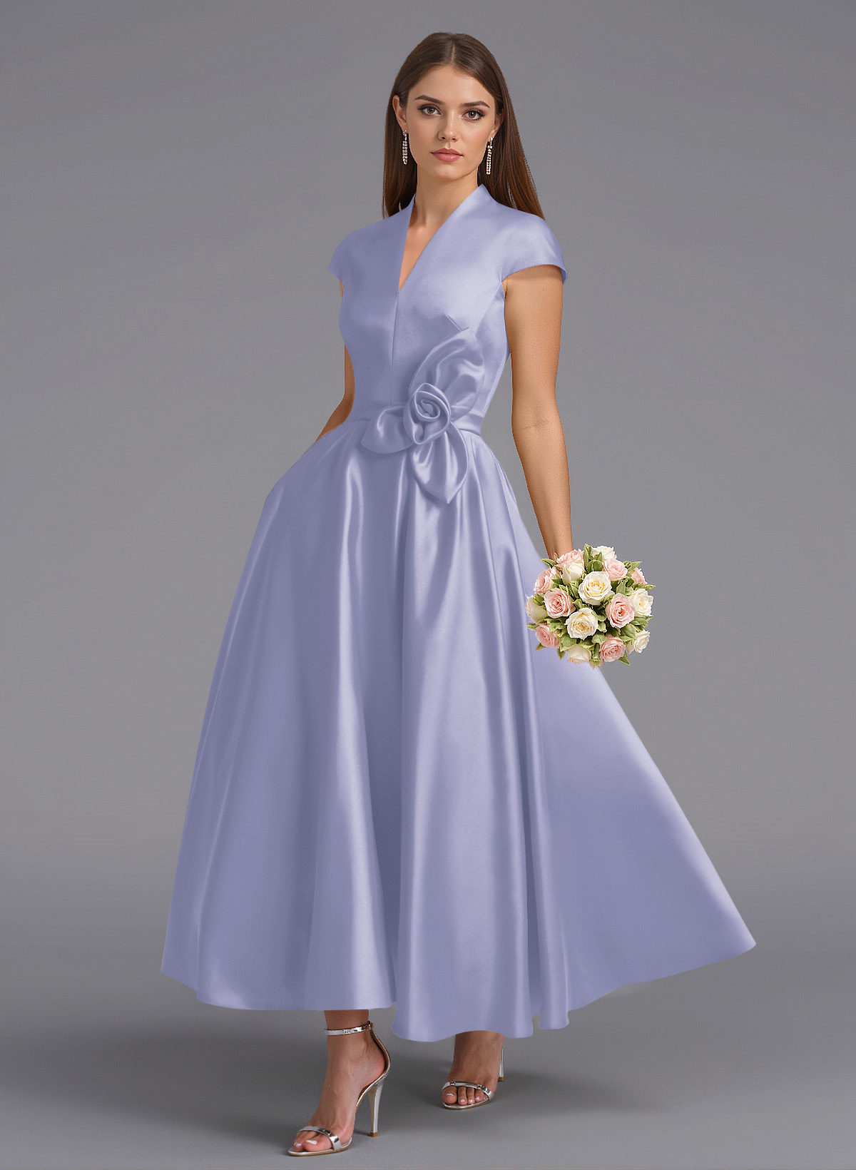 Classic V-Neck Short Sleeves Flower(s) A-Line Ankle-Length Satin Bridesmaid Dresses With Pockets, product image 78