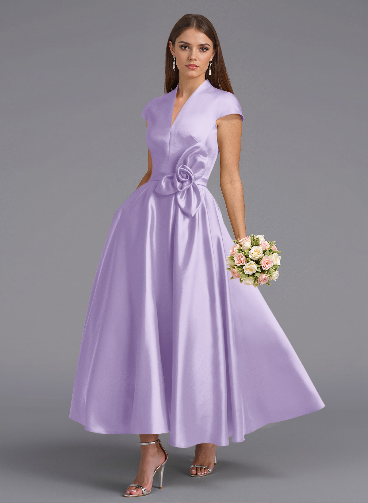 Classic V-Neck Short Sleeves Flower(s) A-Line Ankle-Length Satin Bridesmaid Dresses With Pockets, product image 80