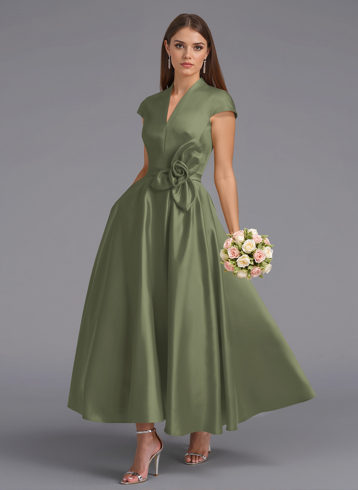 Classic V-Neck Short Sleeves Flower(s) A-Line Ankle-Length Satin Bridesmaid Dresses With Pockets, product image 22