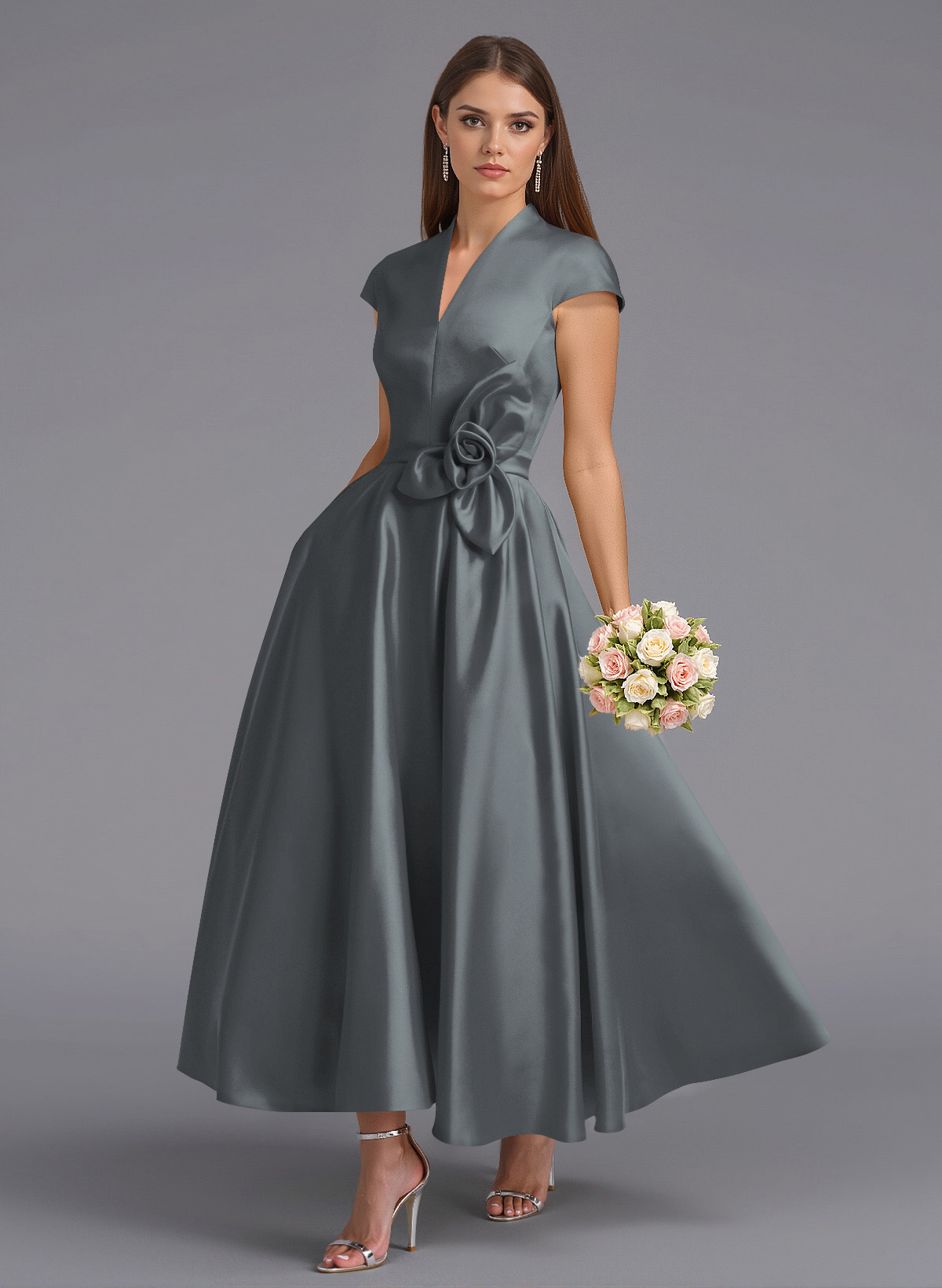 Classic V-Neck Short Sleeves Flower(s) A-Line Ankle-Length Satin Bridesmaid Dresses With Pockets, product image 30
