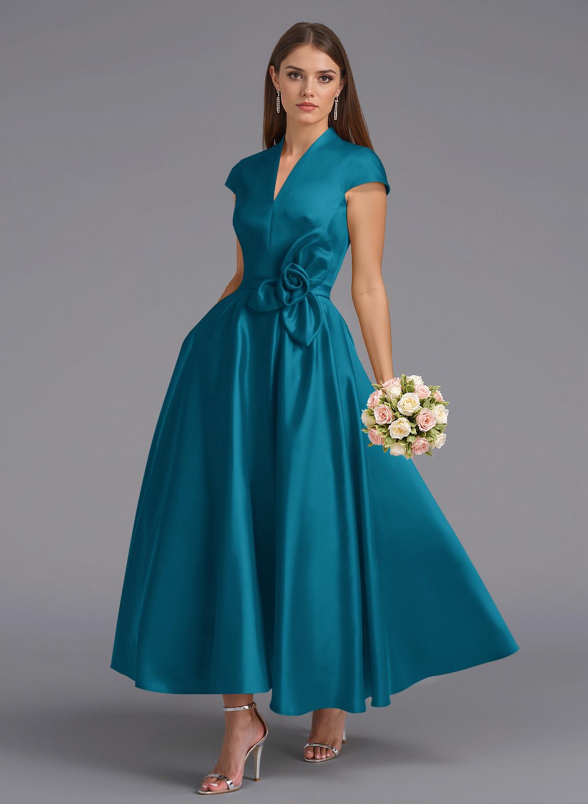 Classic V-Neck Short Sleeves Flower(s) A-Line Ankle-Length Satin Bridesmaid Dresses With Pockets, product image 8