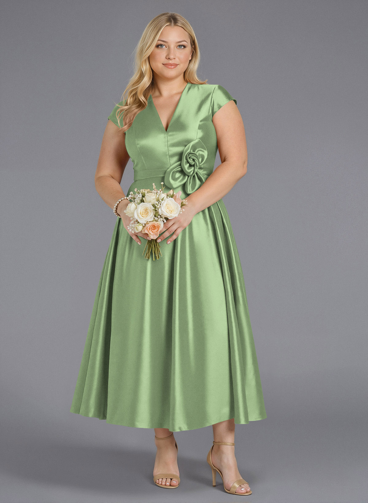 Classic V-Neck Short Sleeves Flower(s) A-Line Ankle-Length Satin Bridesmaid Dresses With Pockets, product image 194