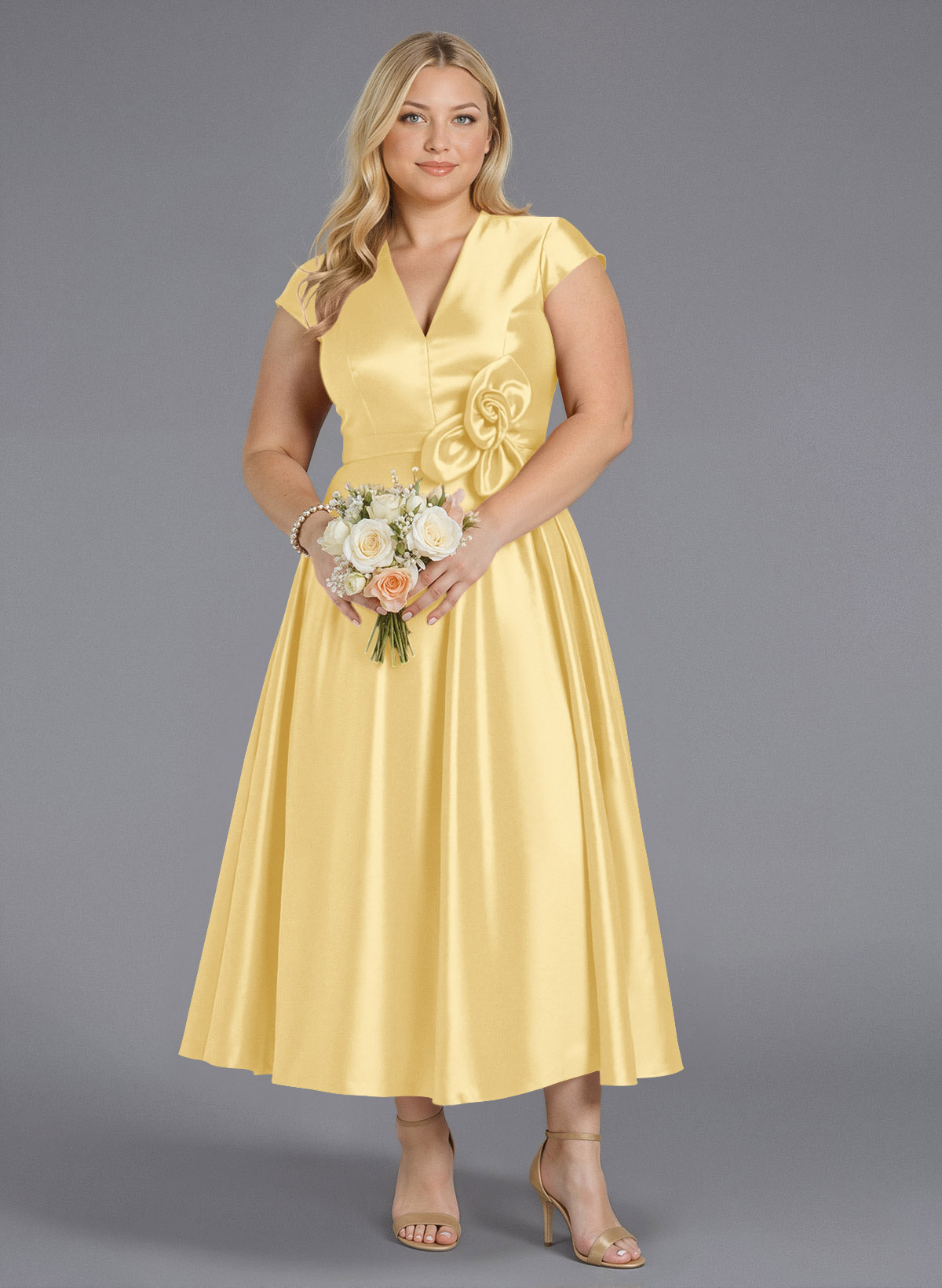 Classic V-Neck Short Sleeves Flower(s) A-Line Ankle-Length Satin Bridesmaid Dresses With Pockets, product image 182