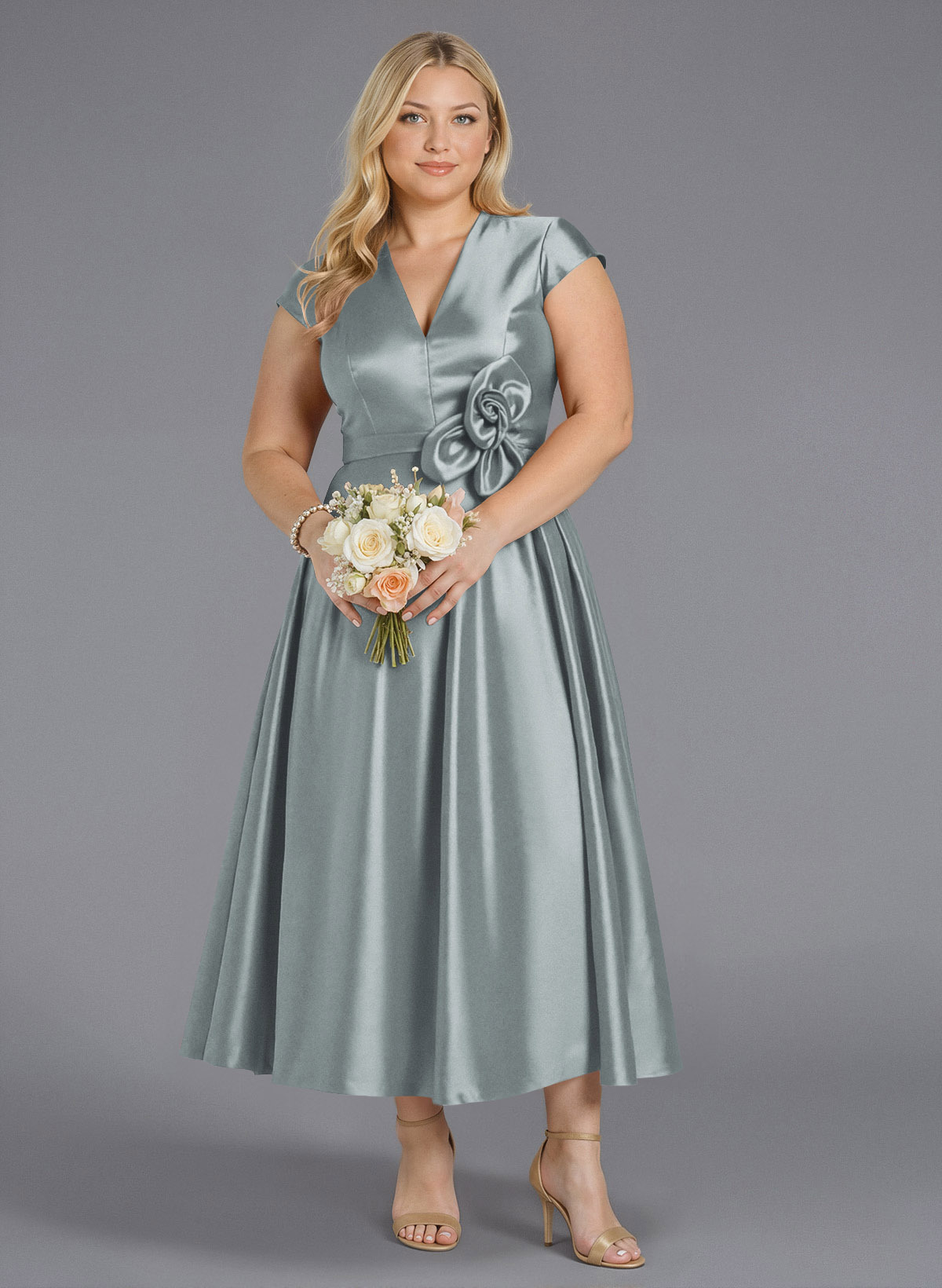 Classic V-Neck Short Sleeves Flower(s) A-Line Ankle-Length Satin Bridesmaid Dresses With Pockets, product image 272