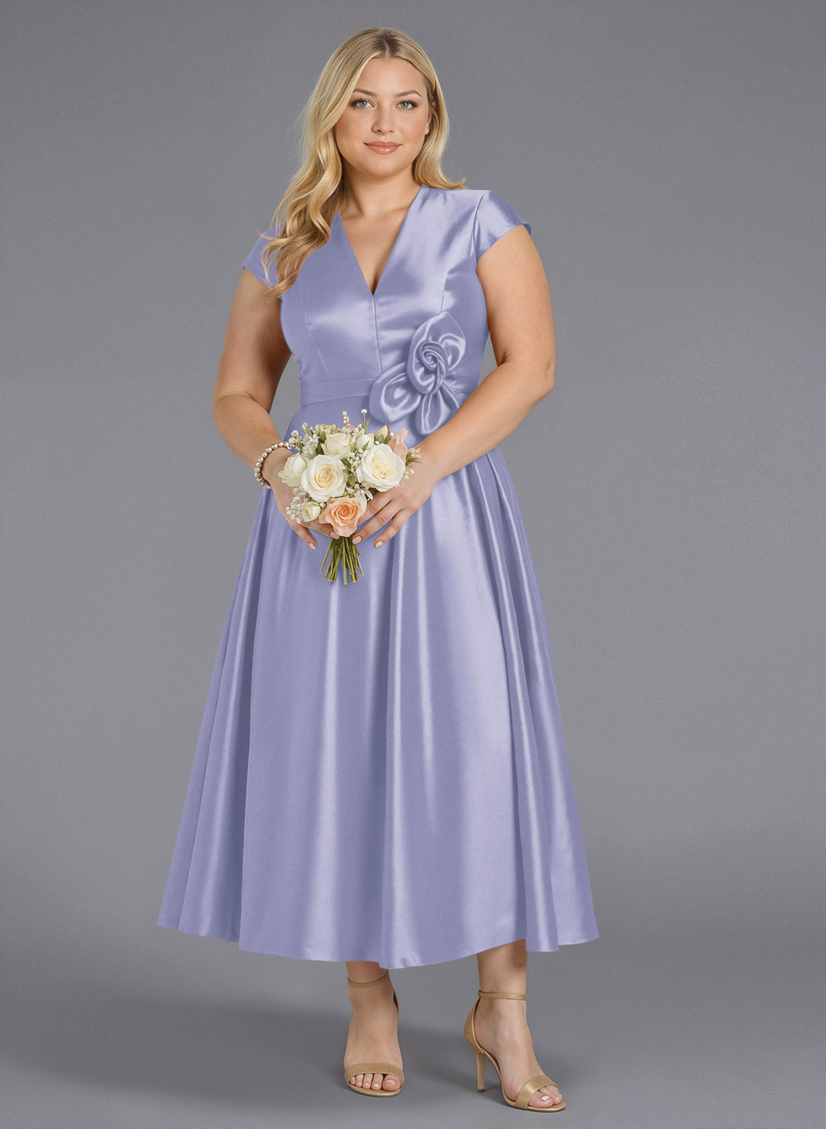 Classic V-Neck Short Sleeves Flower(s) A-Line Ankle-Length Satin Bridesmaid Dresses With Pockets, product image 214