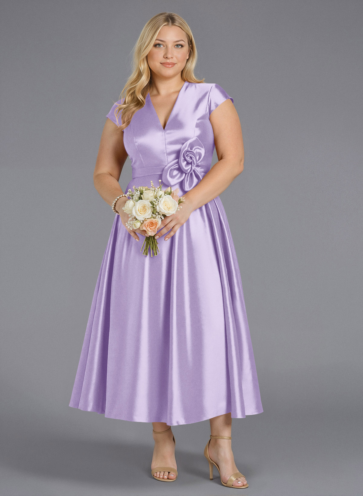 Classic V-Neck Short Sleeves Flower(s) A-Line Ankle-Length Satin Bridesmaid Dresses With Pockets, product image 216