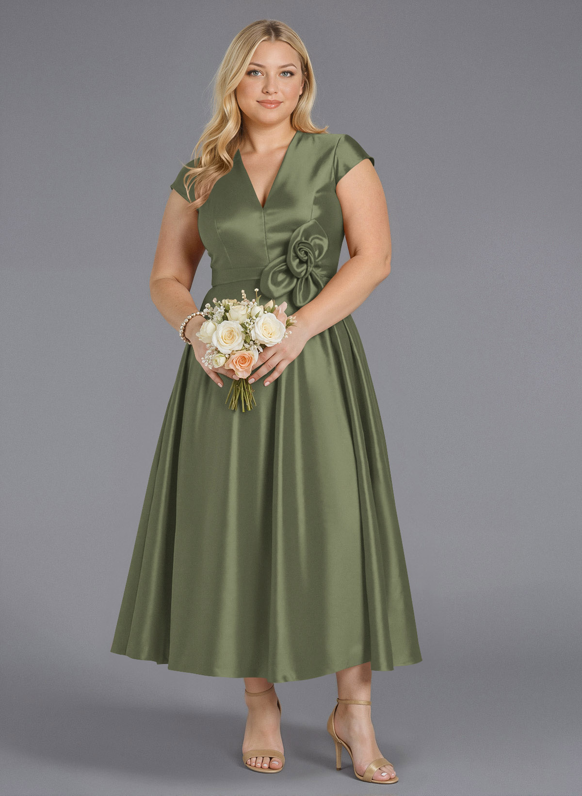Classic V-Neck Short Sleeves Flower(s) A-Line Ankle-Length Satin Bridesmaid Dresses With Pockets, product image 158