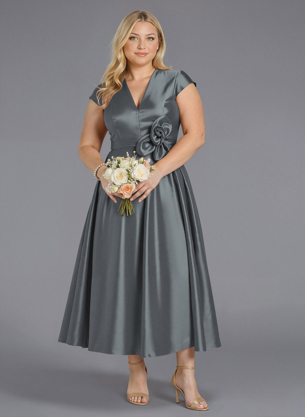 Classic V-Neck Short Sleeves Flower(s) A-Line Ankle-Length Satin Bridesmaid Dresses With Pockets, product image 166