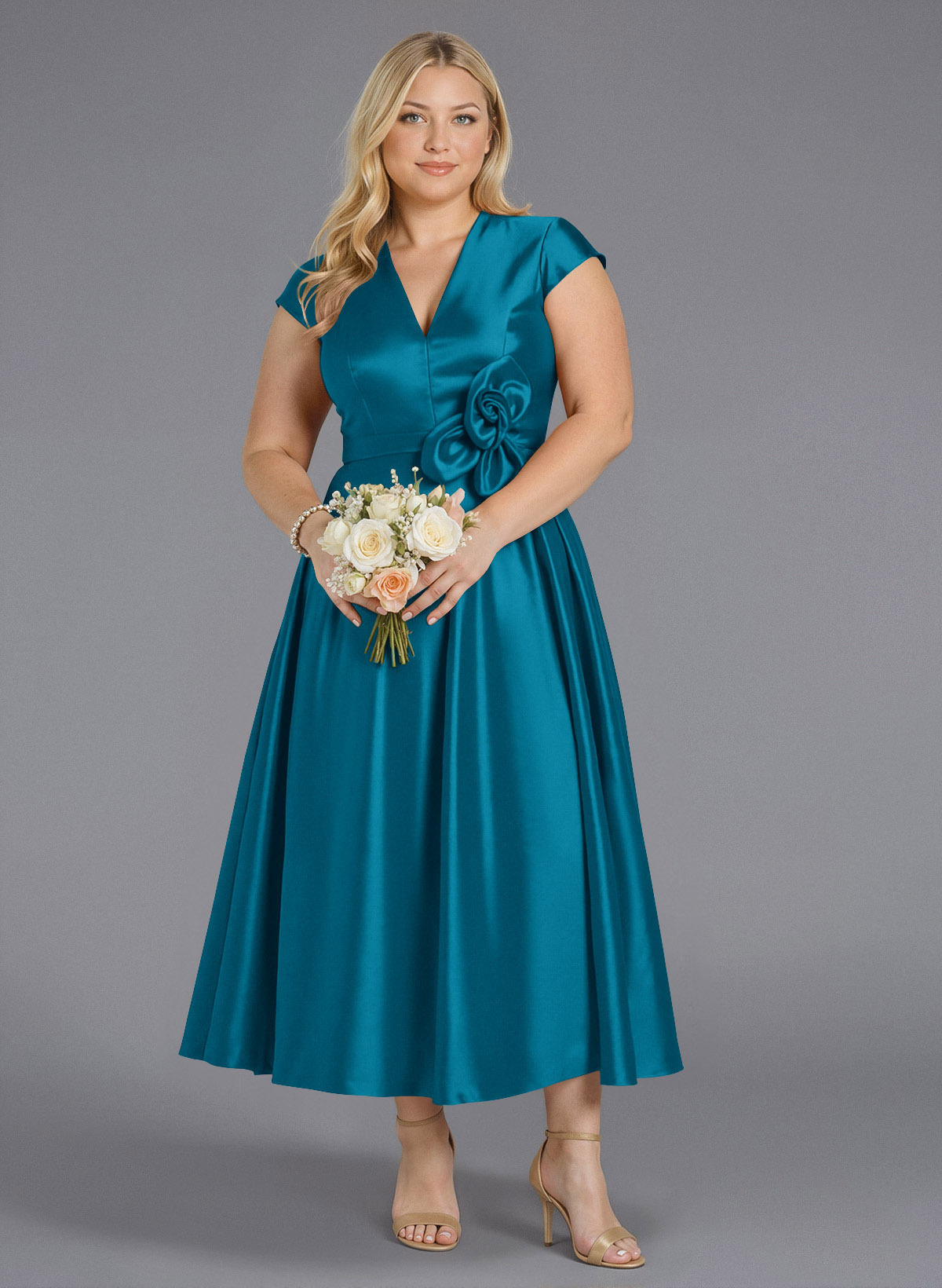 Classic V-Neck Short Sleeves Flower(s) A-Line Ankle-Length Satin Bridesmaid Dresses With Pockets, product image 144