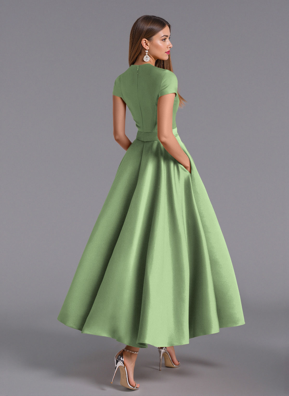 Classic V-Neck Short Sleeves Flower(s) A-Line Ankle-Length Satin Bridesmaid Dresses With Pockets, product image 59