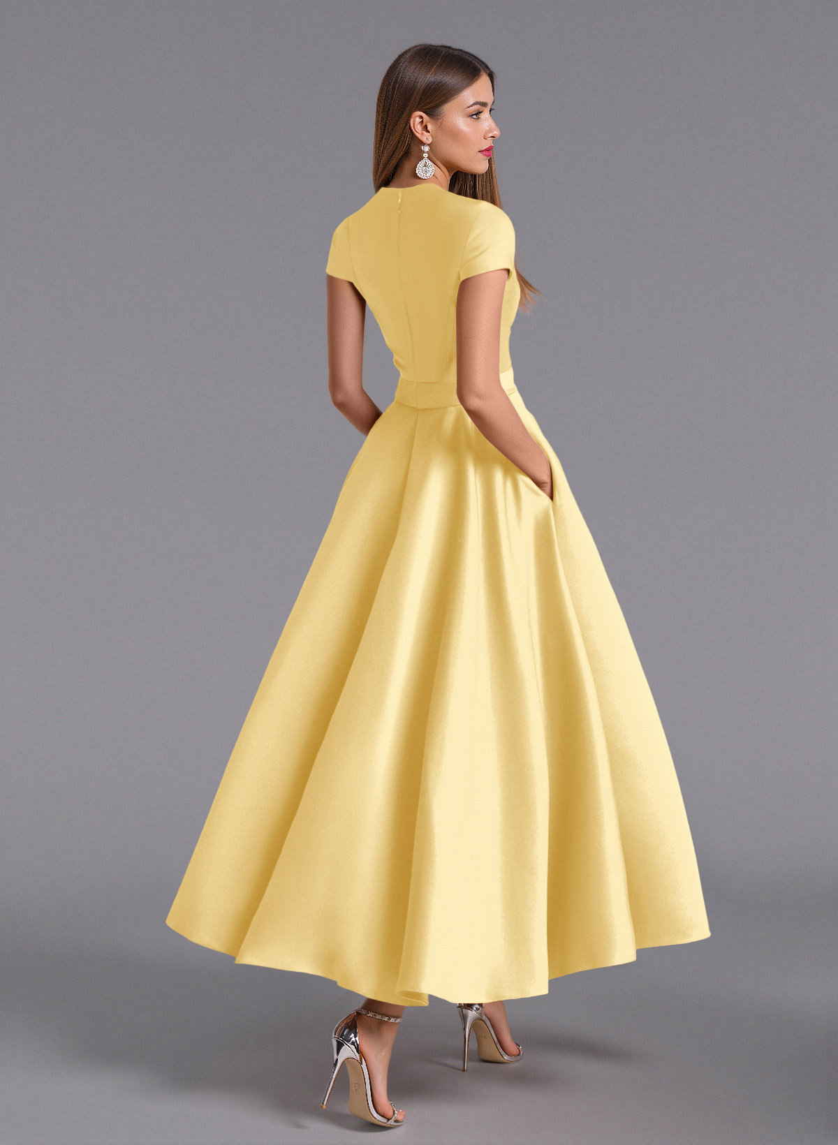 Classic V-Neck Short Sleeves Flower(s) A-Line Ankle-Length Satin Bridesmaid Dresses With Pockets, product image 47