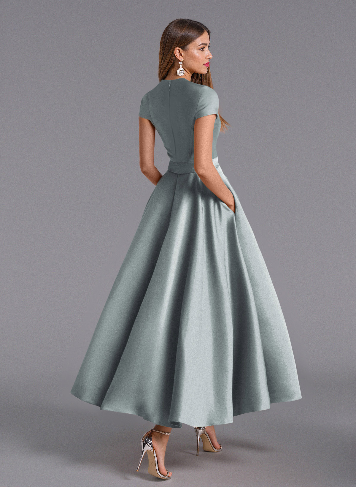Classic V-Neck Short Sleeves Flower(s) A-Line Ankle-Length Satin Bridesmaid Dresses With Pockets, product image 137