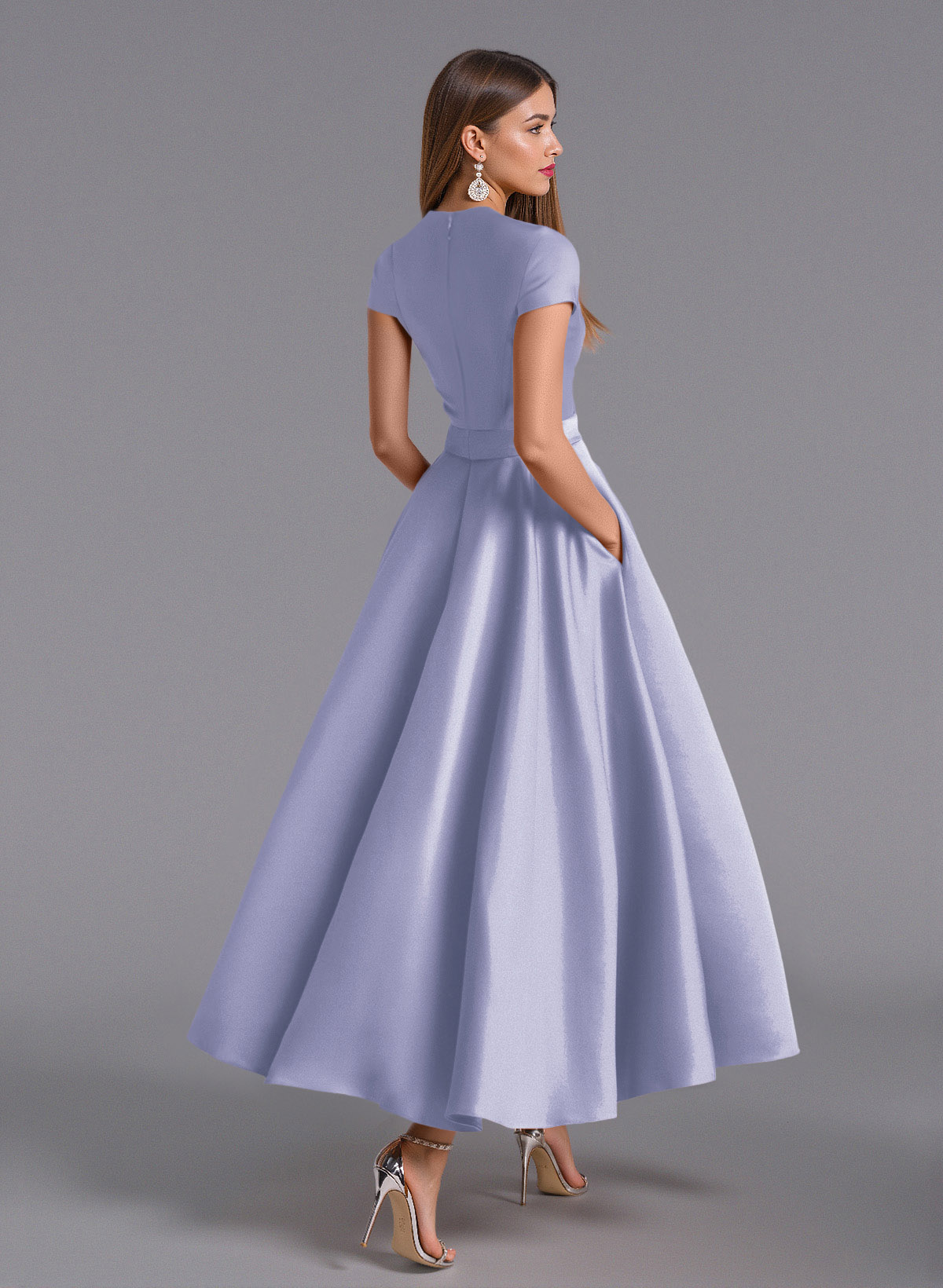 Classic V-Neck Short Sleeves Flower(s) A-Line Ankle-Length Satin Bridesmaid Dresses With Pockets, product image 79