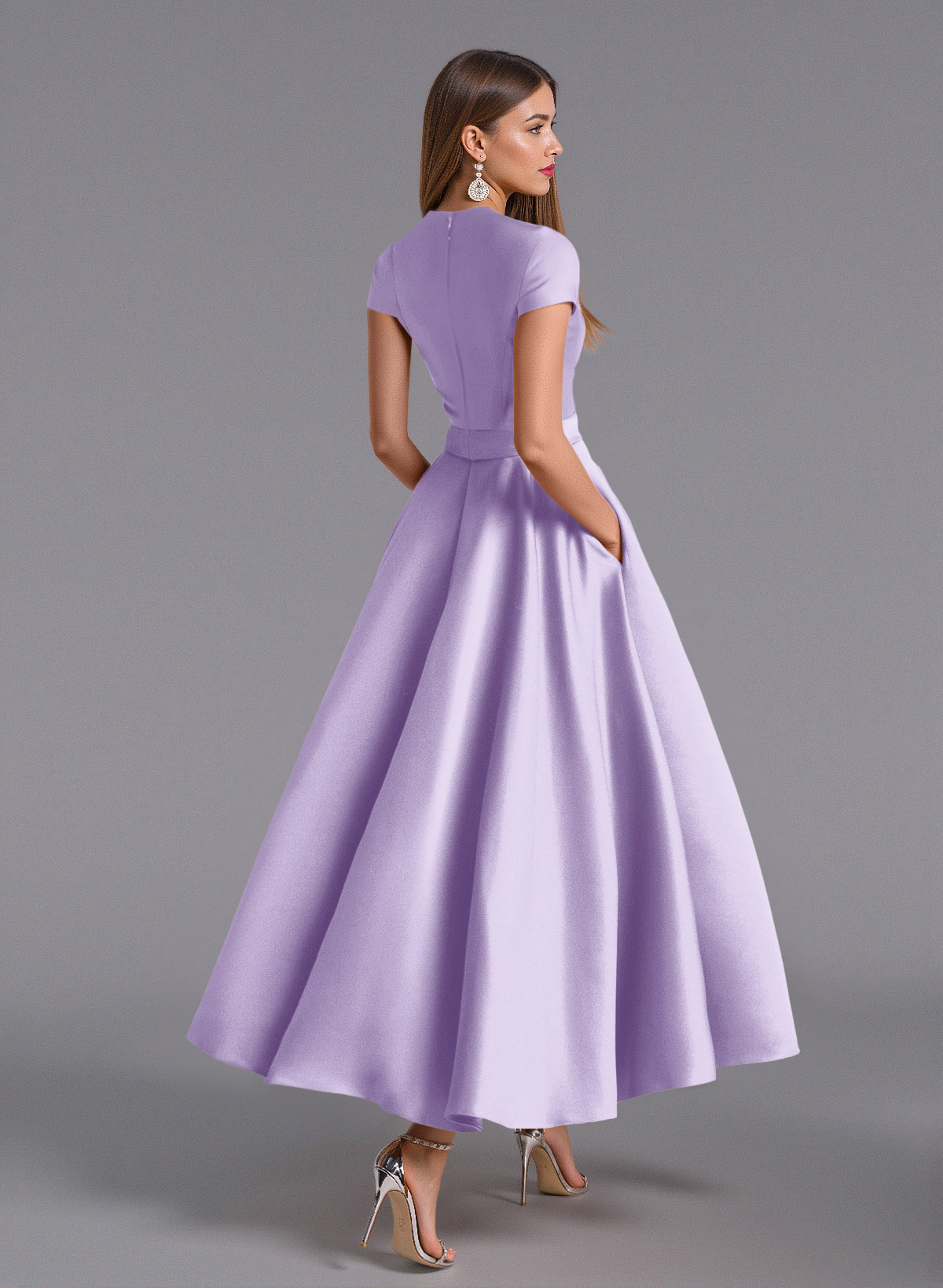Classic V-Neck Short Sleeves Flower(s) A-Line Ankle-Length Satin Bridesmaid Dresses With Pockets, product image 81