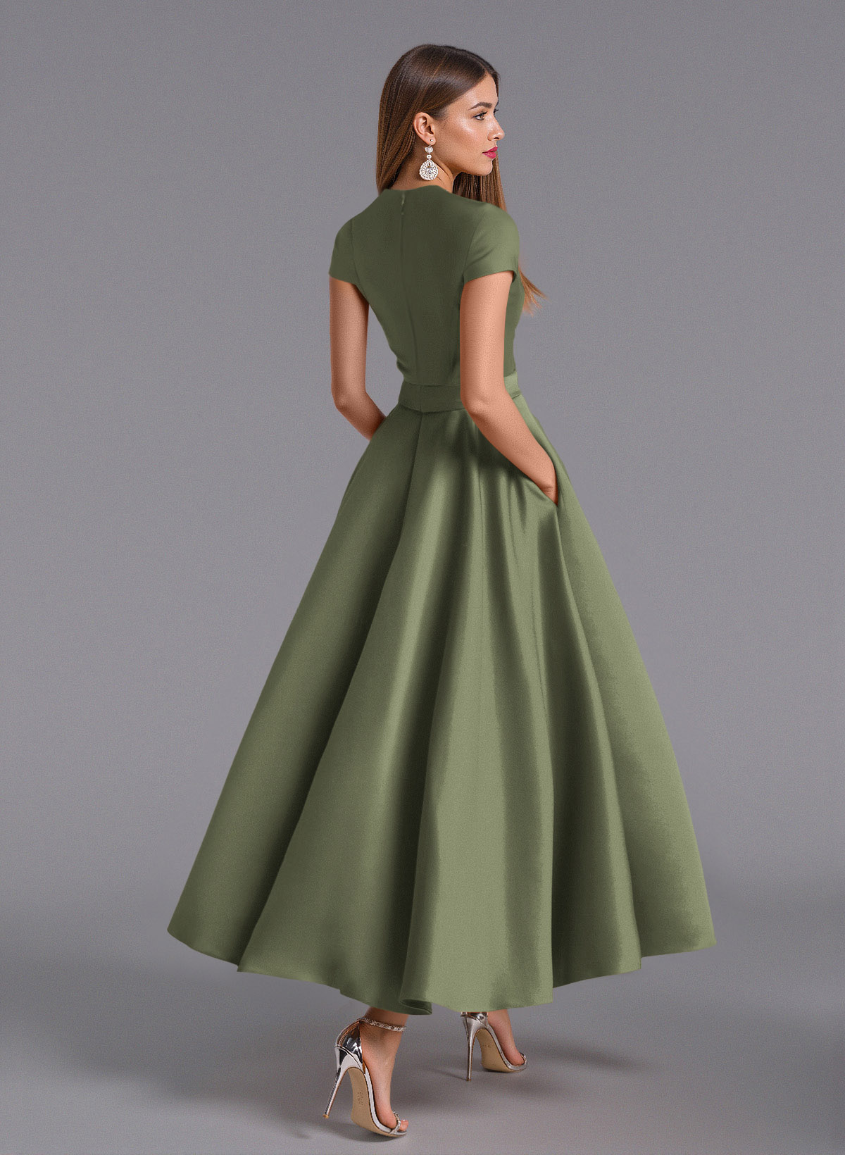 Classic V-Neck Short Sleeves Flower(s) A-Line Ankle-Length Satin Bridesmaid Dresses With Pockets, product image 23