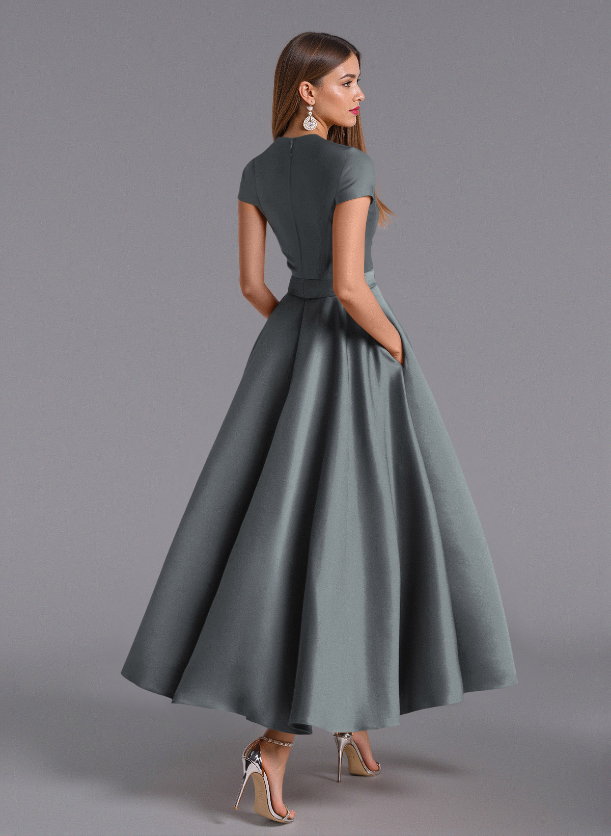 Classic V-Neck Short Sleeves Flower(s) A-Line Ankle-Length Satin Bridesmaid Dresses With Pockets, product image 31