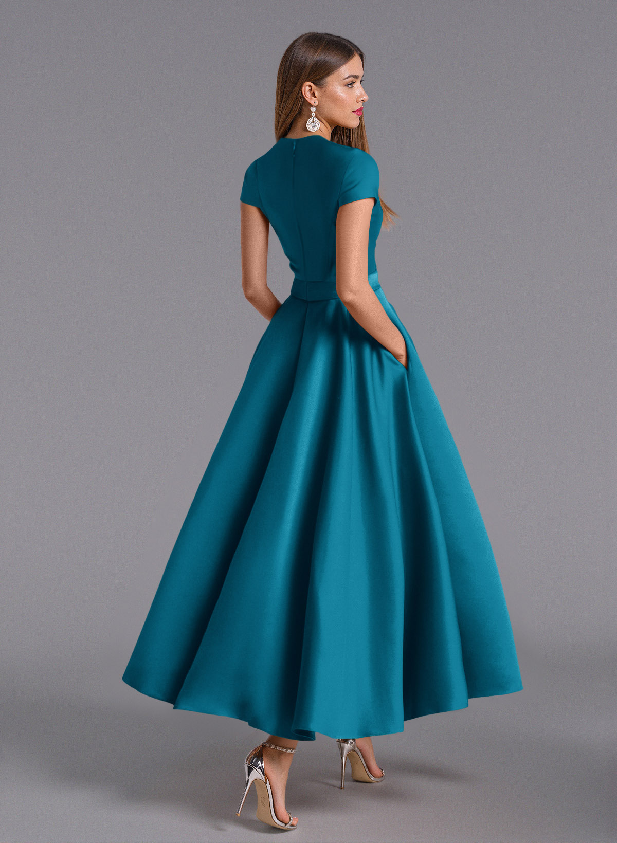 Classic V-Neck Short Sleeves Flower(s) A-Line Ankle-Length Satin Bridesmaid Dresses With Pockets, product image 9