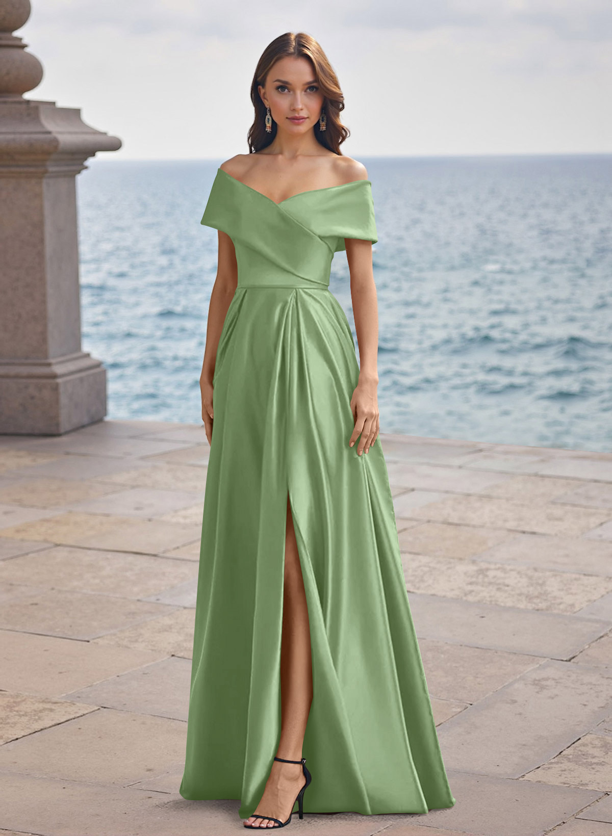 A-Line Off-The-Shoulder Sleeveless Satin Bridesmaid Dresses With Split Front, product image 83