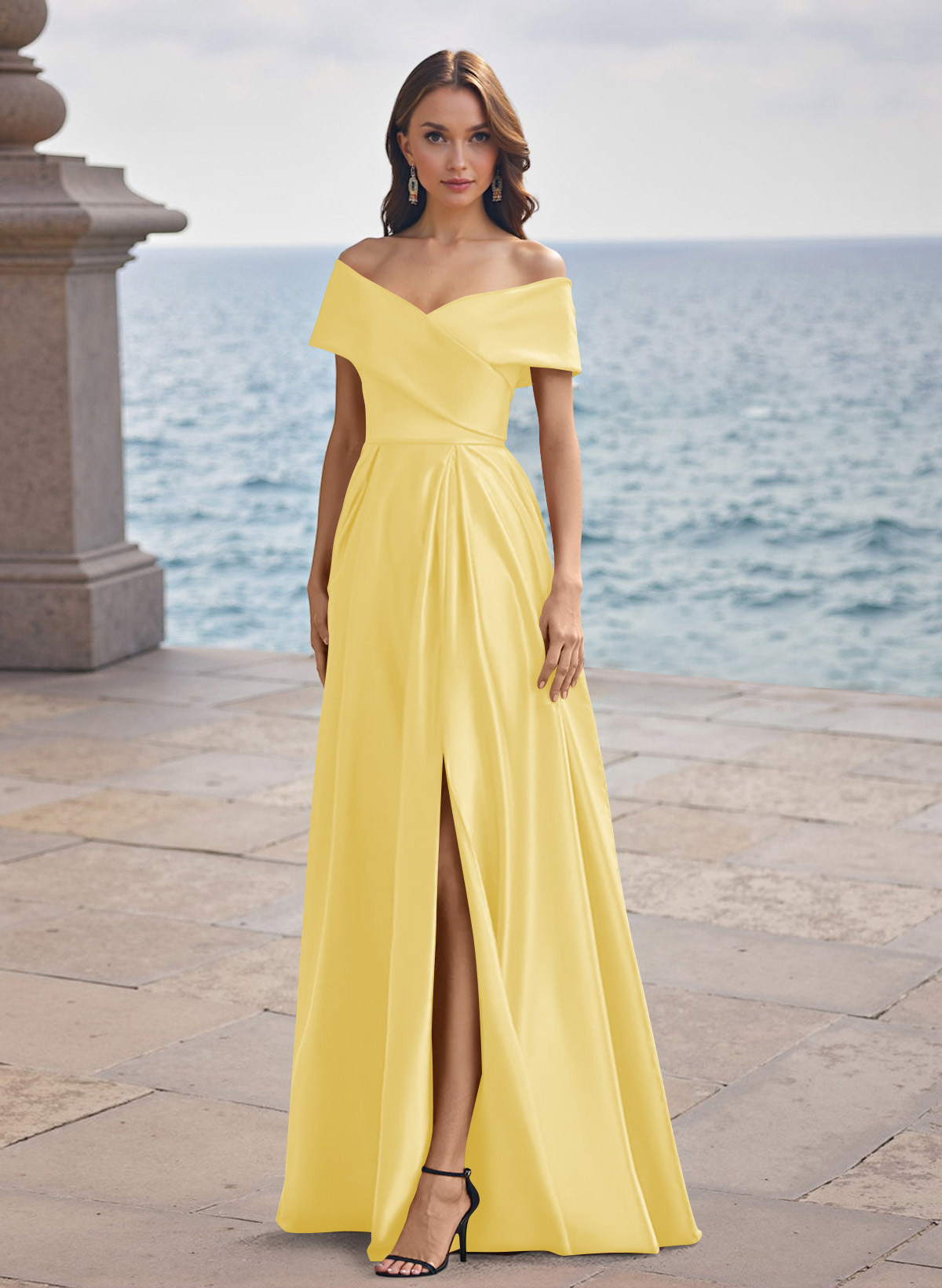 A-Line Off-The-Shoulder Sleeveless Satin Bridesmaid Dresses With Split Front, product image 95