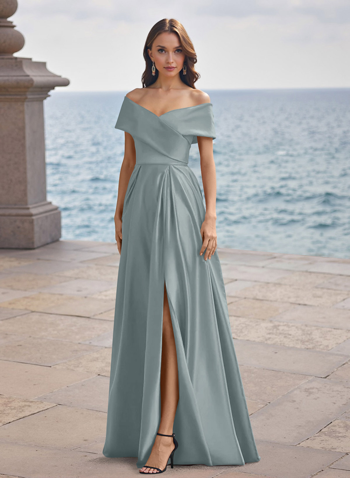 A-Line Off-The-Shoulder Sleeveless Satin Bridesmaid Dresses With Split Front, product image 7