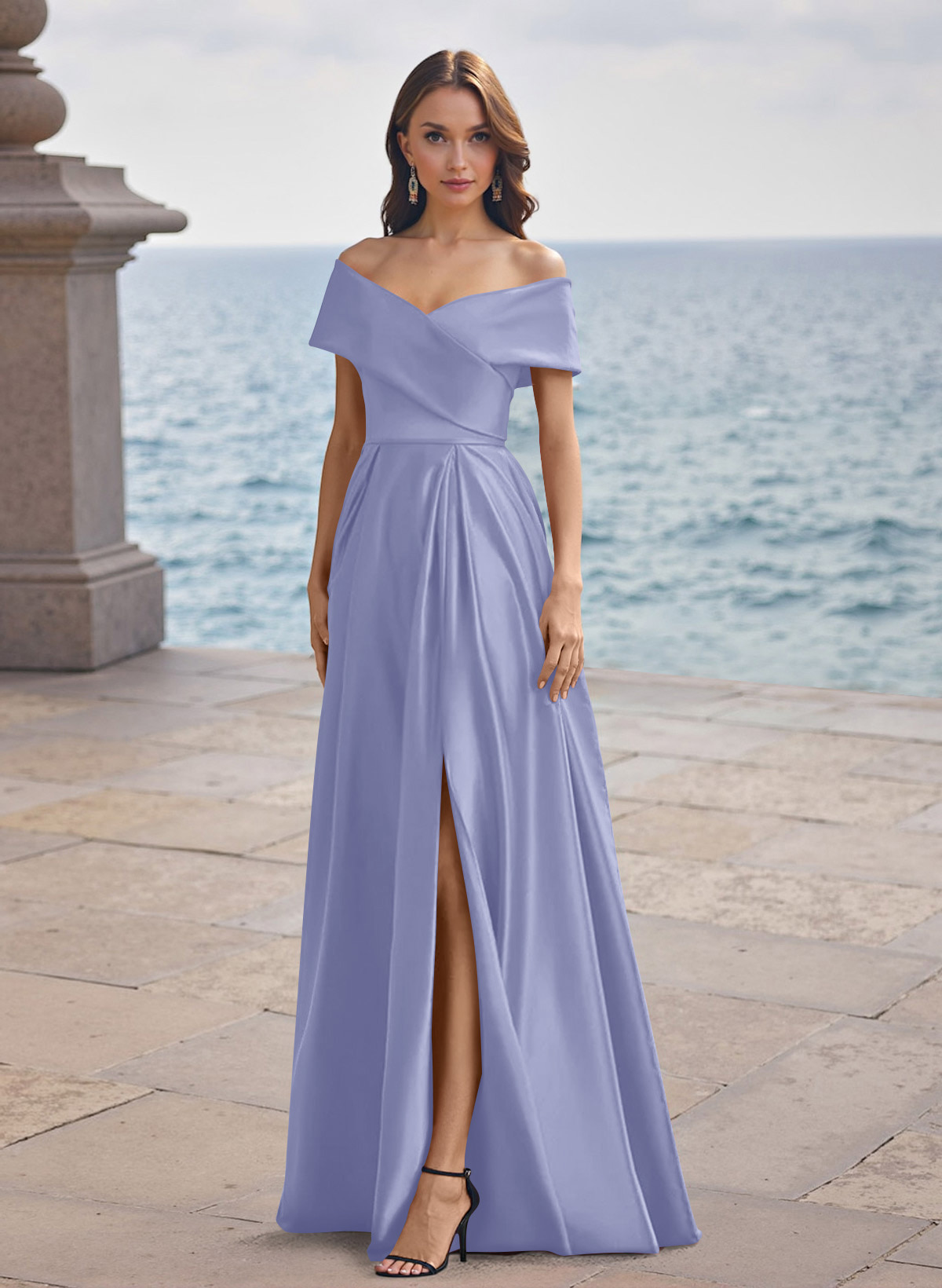 A-Line Off-The-Shoulder Sleeveless Satin Bridesmaid Dresses With Split Front, product image 63