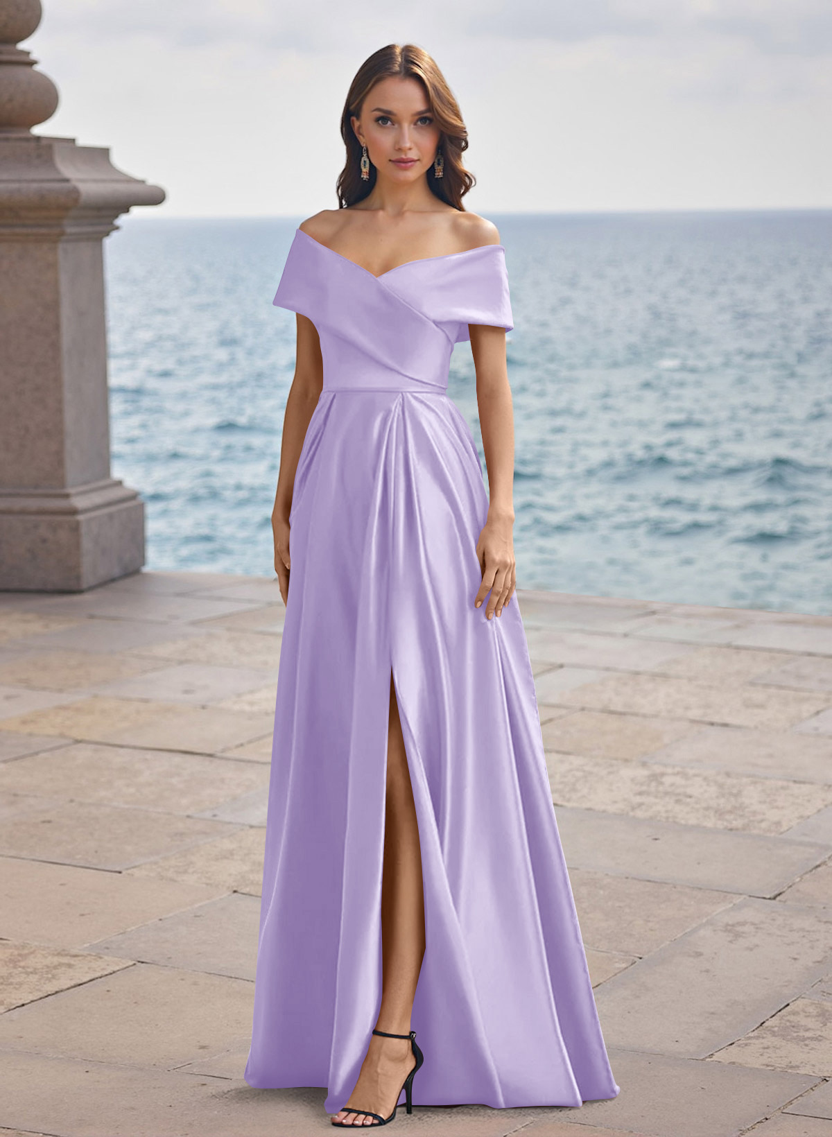 A-Line Off-The-Shoulder Sleeveless Satin Bridesmaid Dresses With Split Front, product image 61