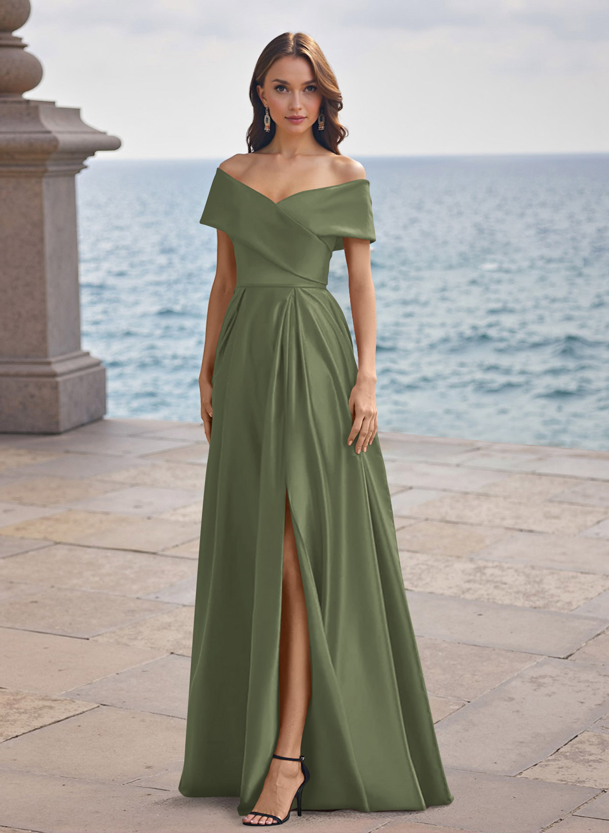 A-Line Off-The-Shoulder Sleeveless Satin Bridesmaid Dresses With Split Front, product image 119