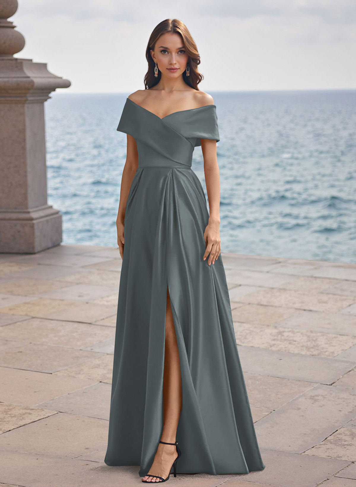 A-Line Off-The-Shoulder Sleeveless Satin Bridesmaid Dresses With Split Front, product image 111