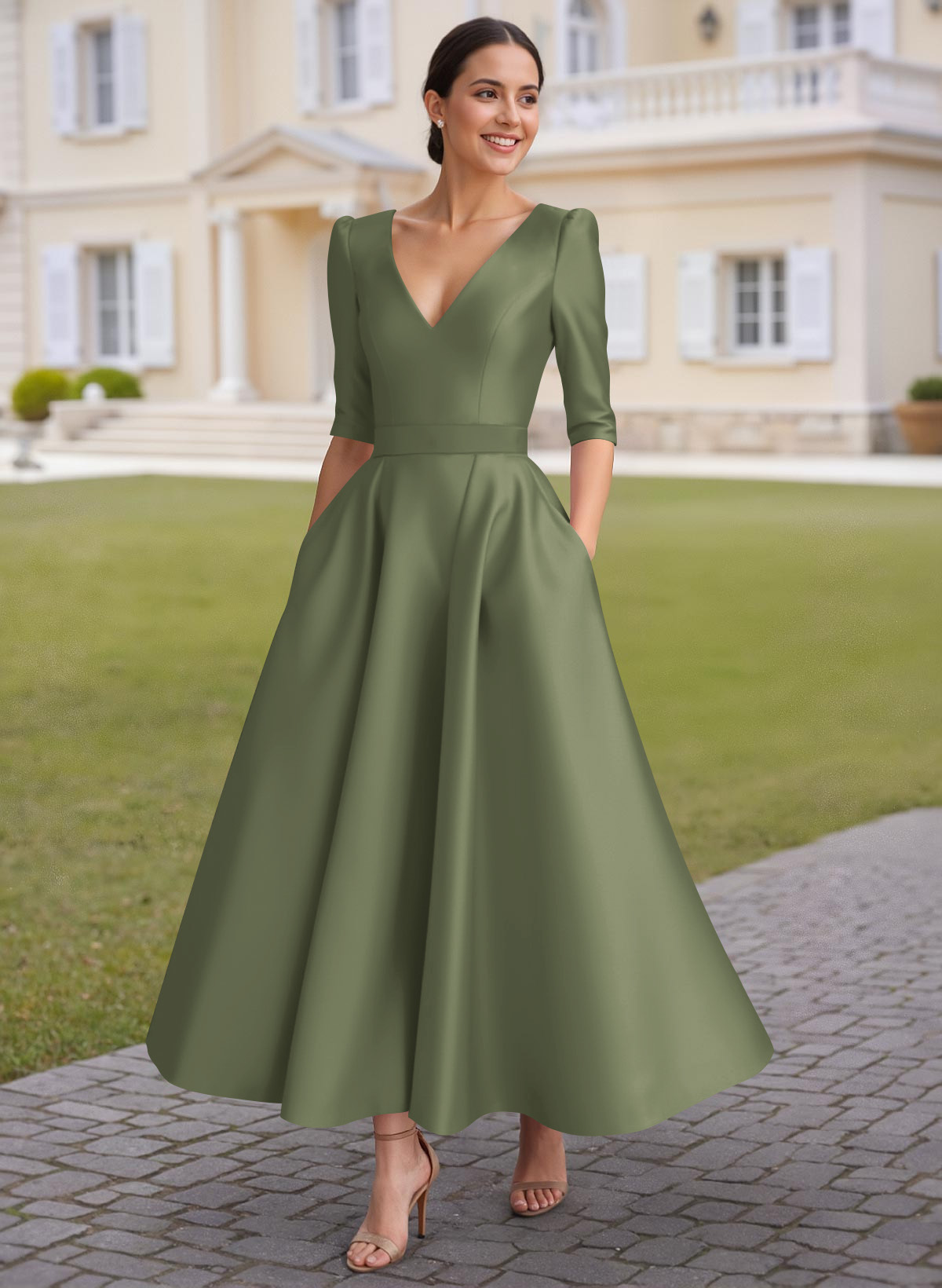 A-Line V-Neck 1/2 Sleeves Ankle-Length Satin Mother Of The Bride Dresses