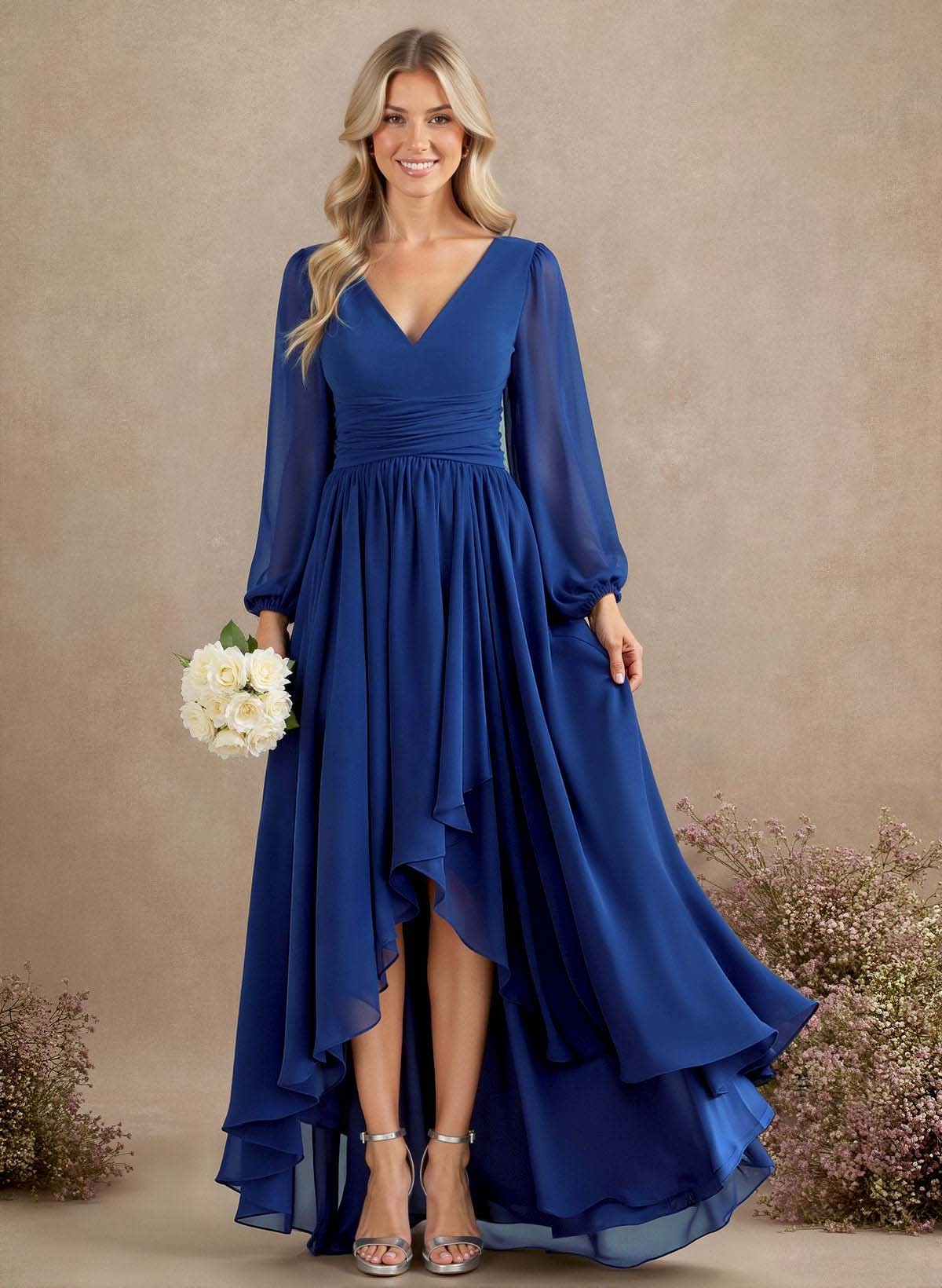 A-Line V-Neck Long Sleeves Floor-Length Chiffon Bridesmaid Dresses With Pleated in Royal Blue, US2