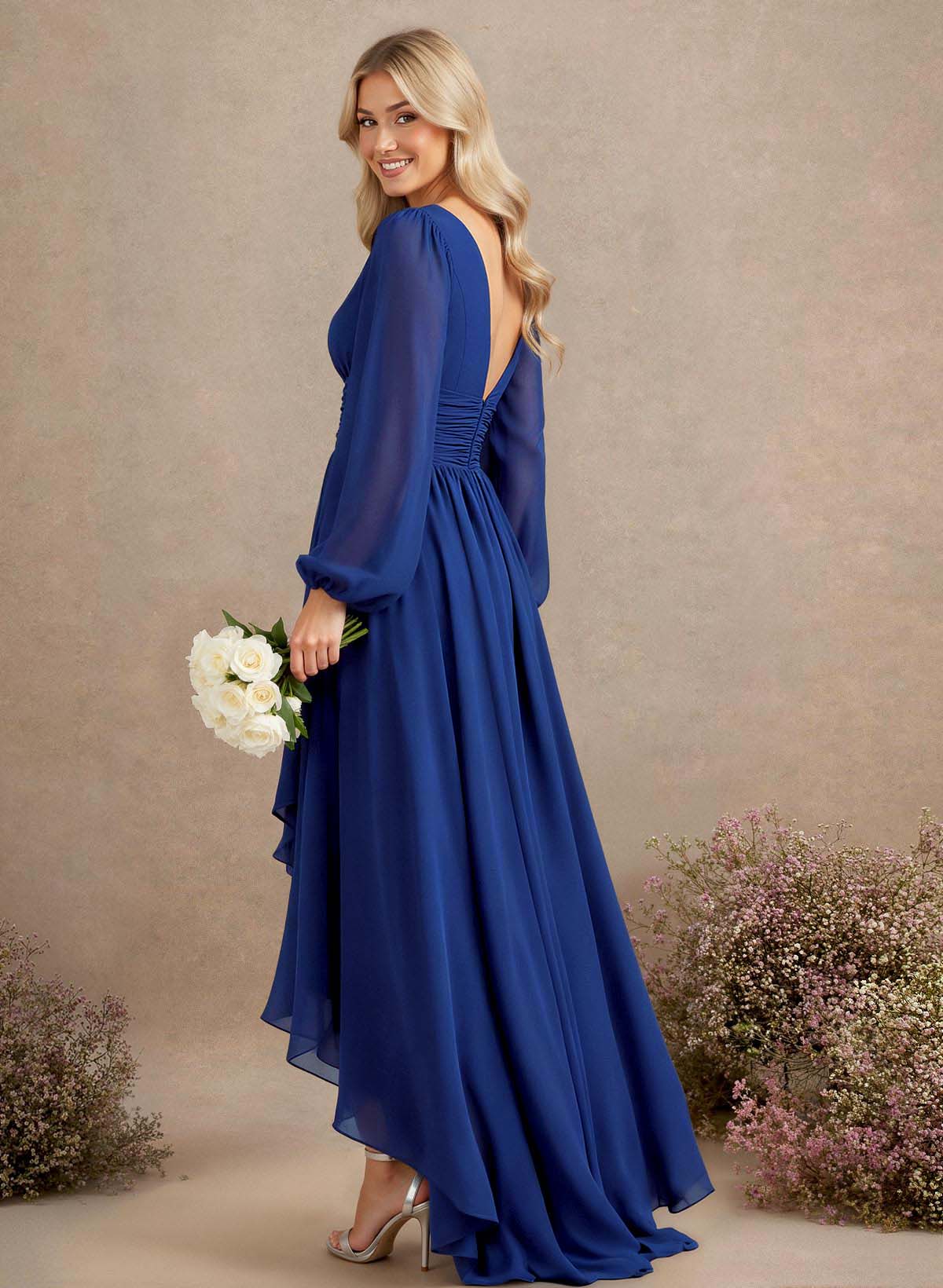 A-Line V-Neck Long Sleeves Floor-Length Chiffon Bridesmaid Dresses With Pleated, product image 2