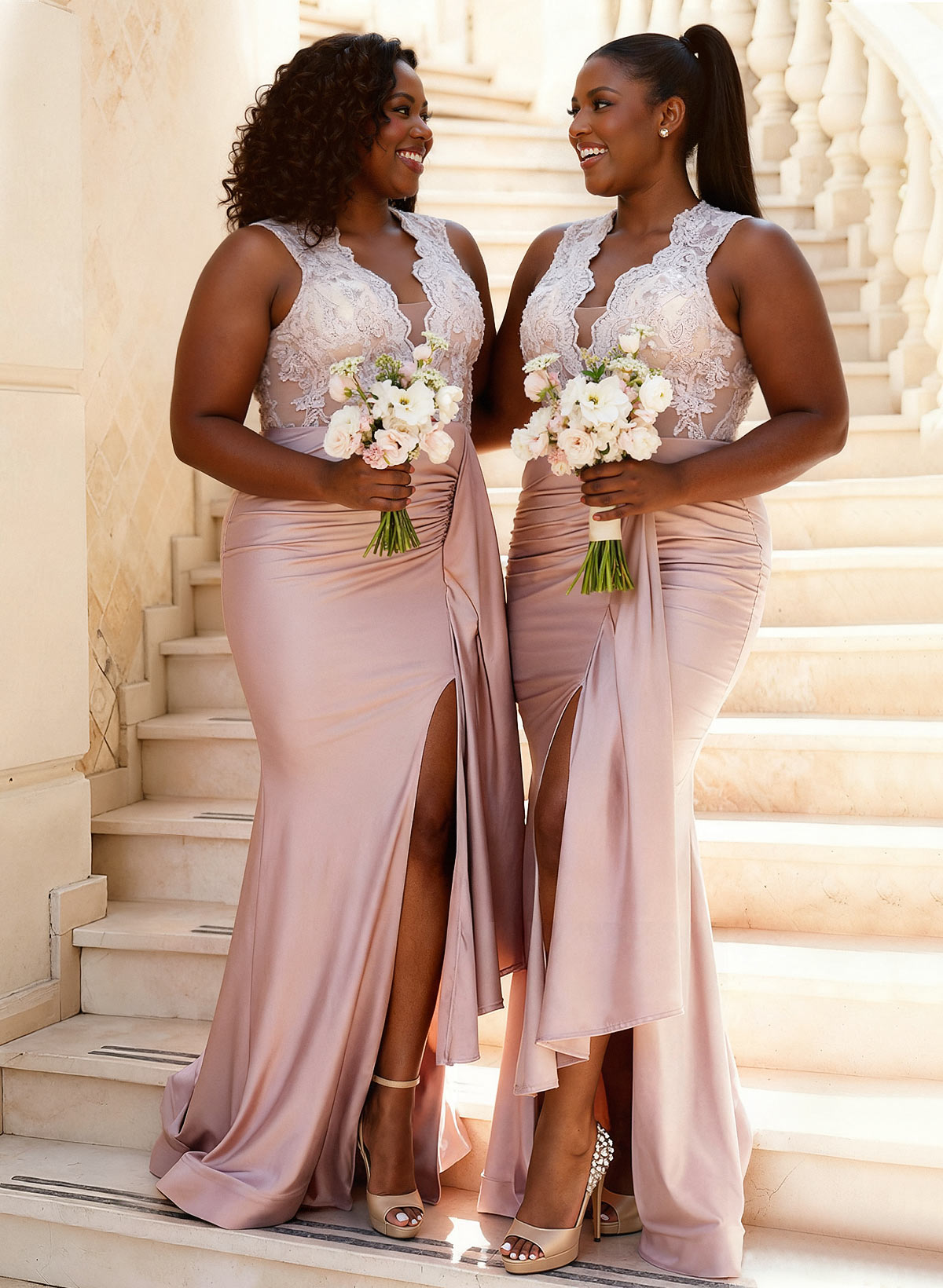 Trumpet/Mermaid V-Neck Sweep Train Stretch Satin Bridesmaid Dresses, image 1