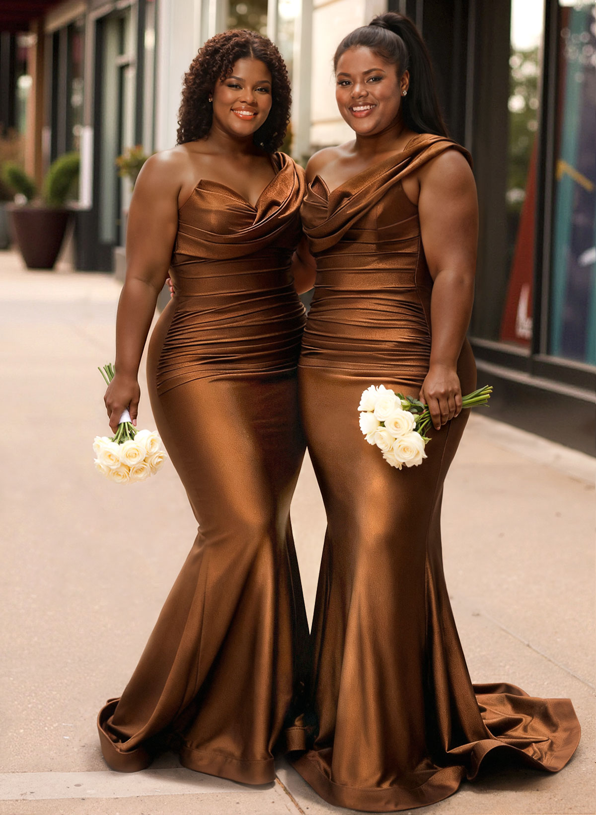 Trumpet/Mermaid One-Shoulder Sleeveless Sweep Train Stretch Satin Knit Bridesmaid Dresses, product image 1