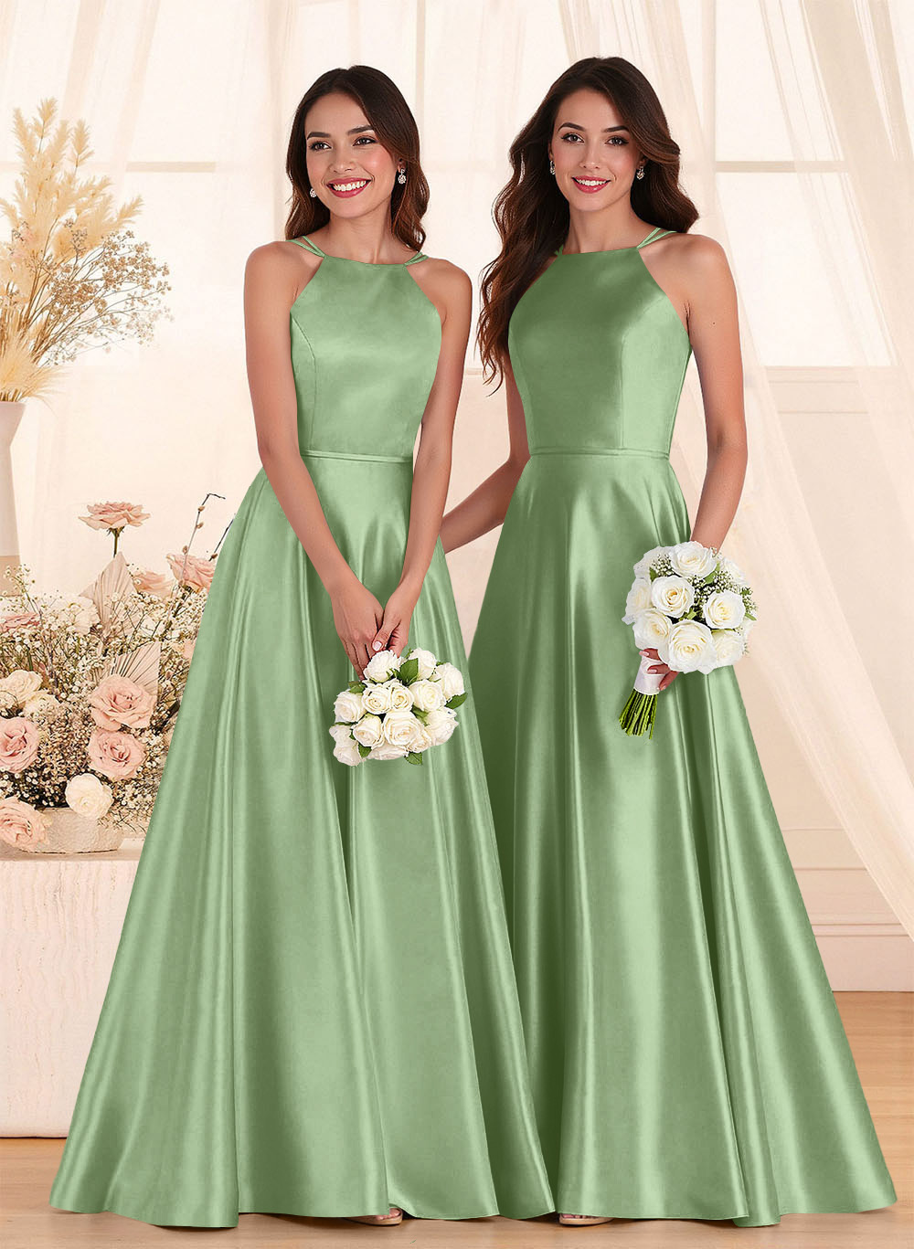 Classic Scoop Neck A-Line Floor-Length Satin Bridesmaid Dresses, product image 60