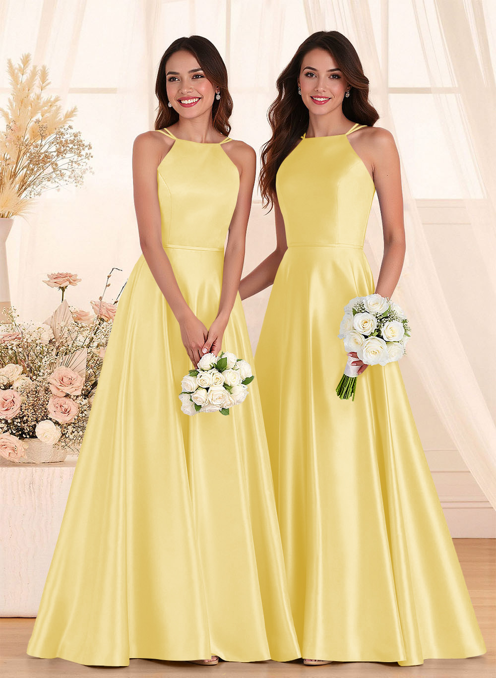 Classic Scoop Neck A-Line Floor-Length Satin Bridesmaid Dresses, product image 48
